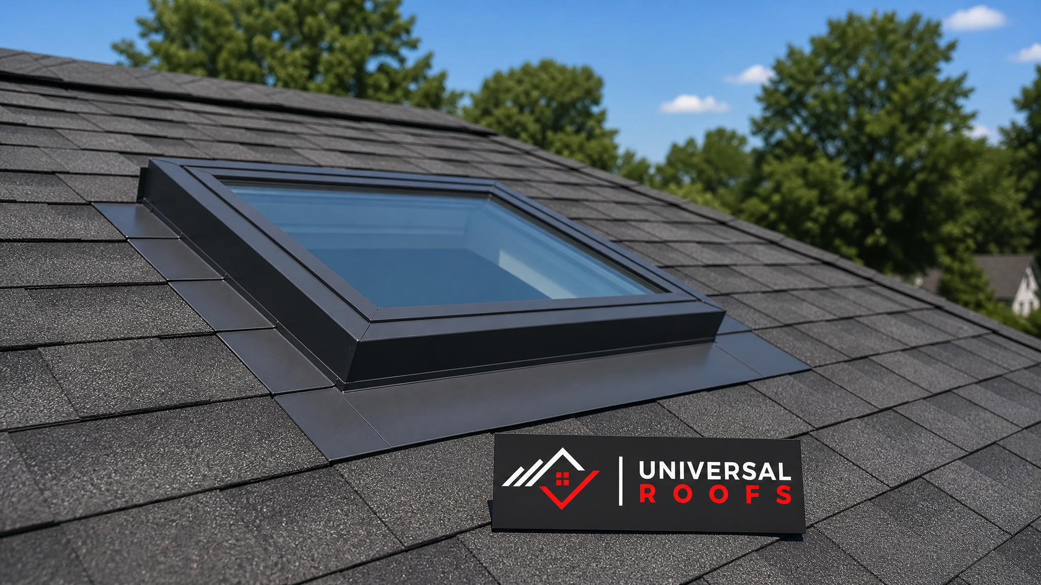 Newly repaired skylight on a Toronto home roof under clear summer sky with no visible leaks or stains