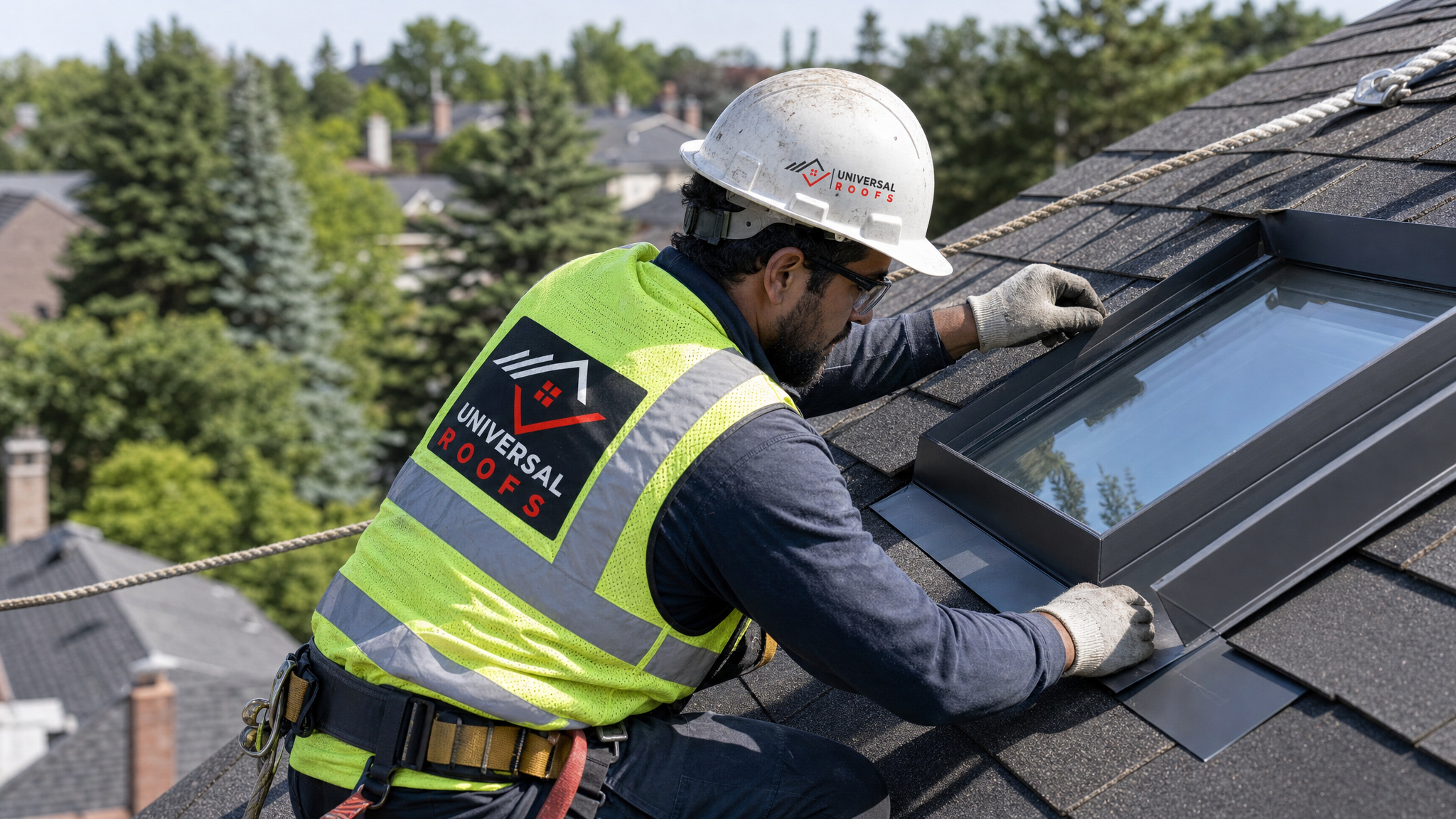 Roofer wearing harness and full safety gear installing new flashing around a skylight curb on a residential roof