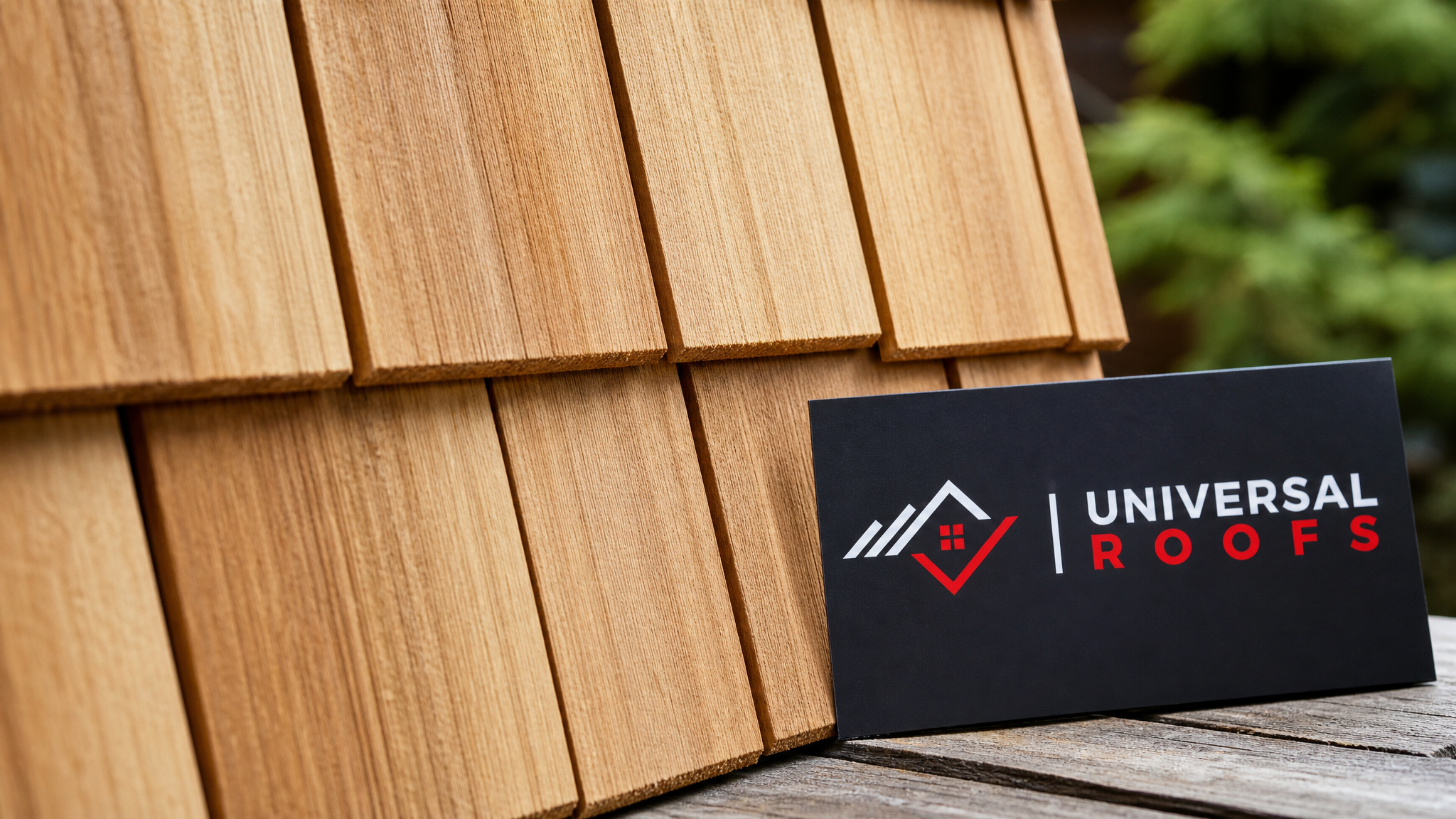 Close-up detail of fire-retardant treated cedar shakes with visible grain and a Universal Roofs branded sign placard