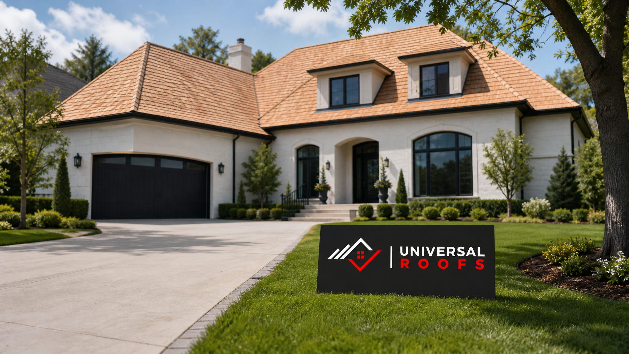 Finished cedar shake roof replacement on a Toronto-area home in summer daylight with a Universal Roofs sign placard nearby