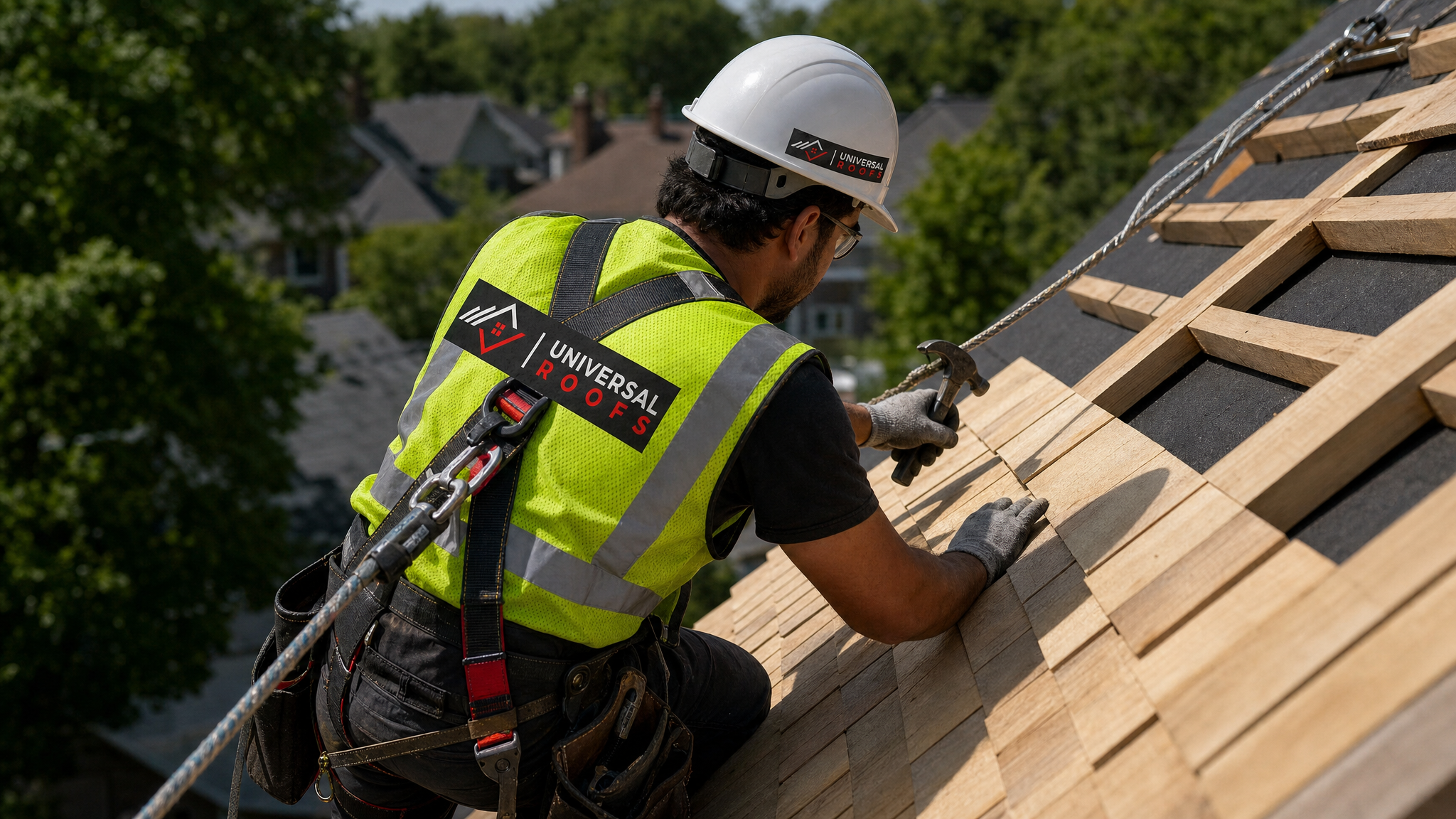 Roofer wearing full safety harness installing cedar shakes on a steep roof during a replacement project