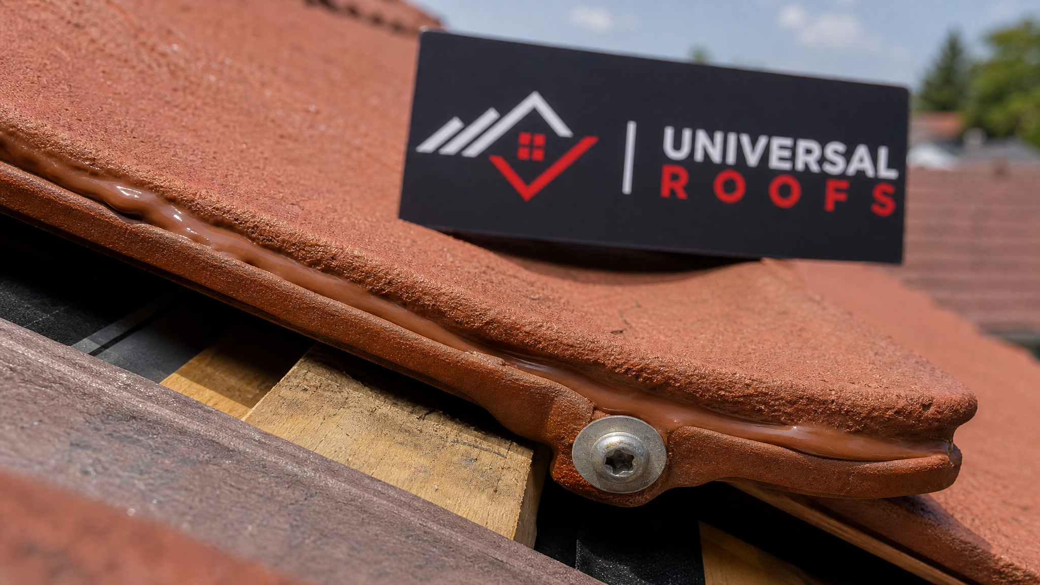 Close-up of a newly sealed clay roof tile edge showing proper heat-rated sealant application and fastener detail