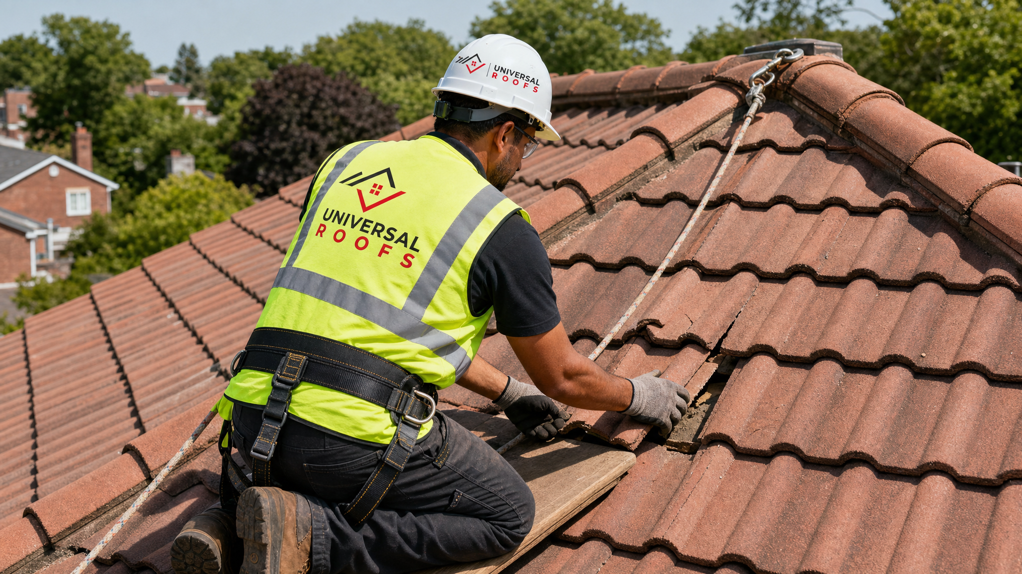 Roofer wearing full safety harness and PPE carefully repairing a tile roof section during a sunny summer day in the GTA