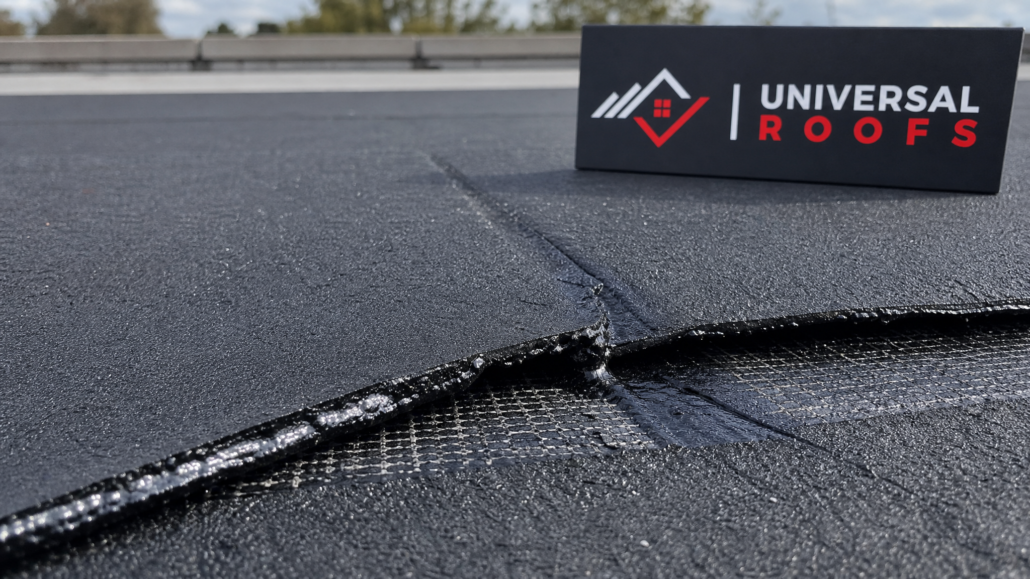 Close-up of a modified bitumen seam overlap showing proper heat-welded bond and reinforcing fabric edge