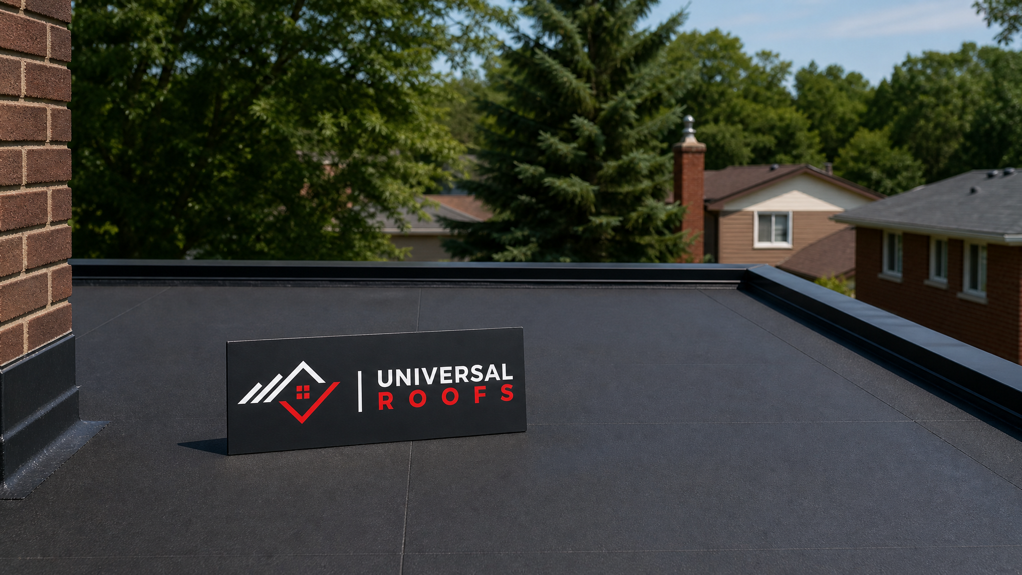Freshly repaired asphalt flat roof membrane on a Toronto home under summer sunlight with no ponding water
