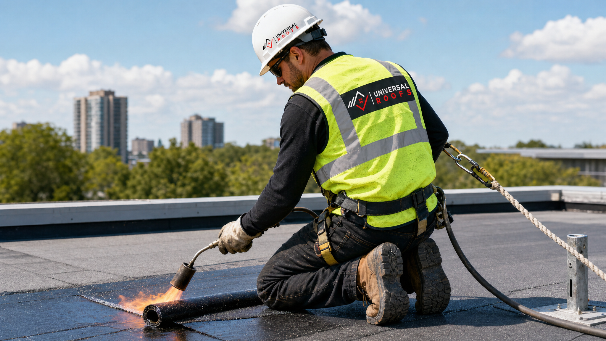 Roofer wearing full safety harness torch-welding a modified bitumen patch on a flat roof in Toronto