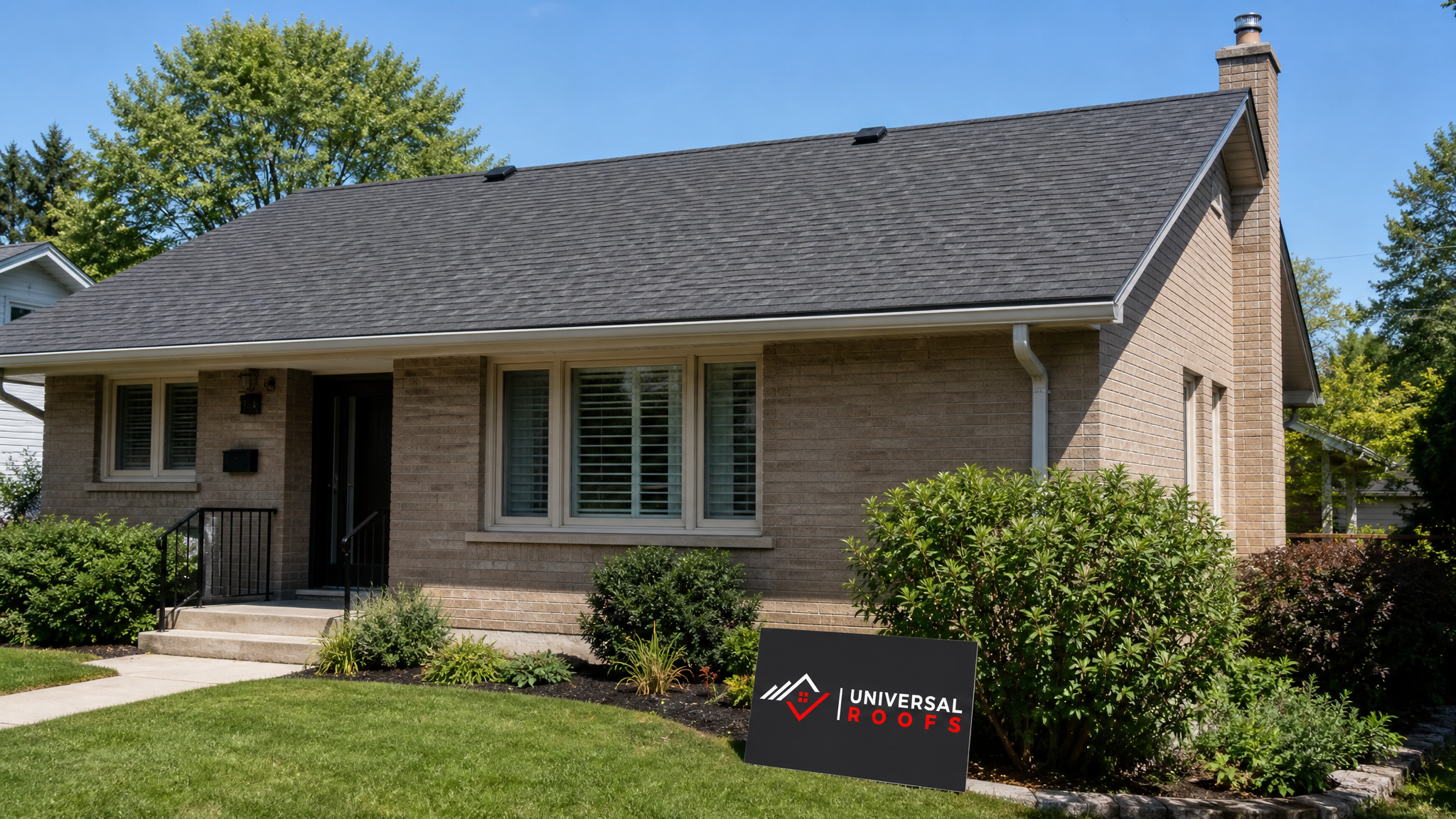 Repaired asphalt shingle roof after hail damage restoration on a Toronto home in summer daylight