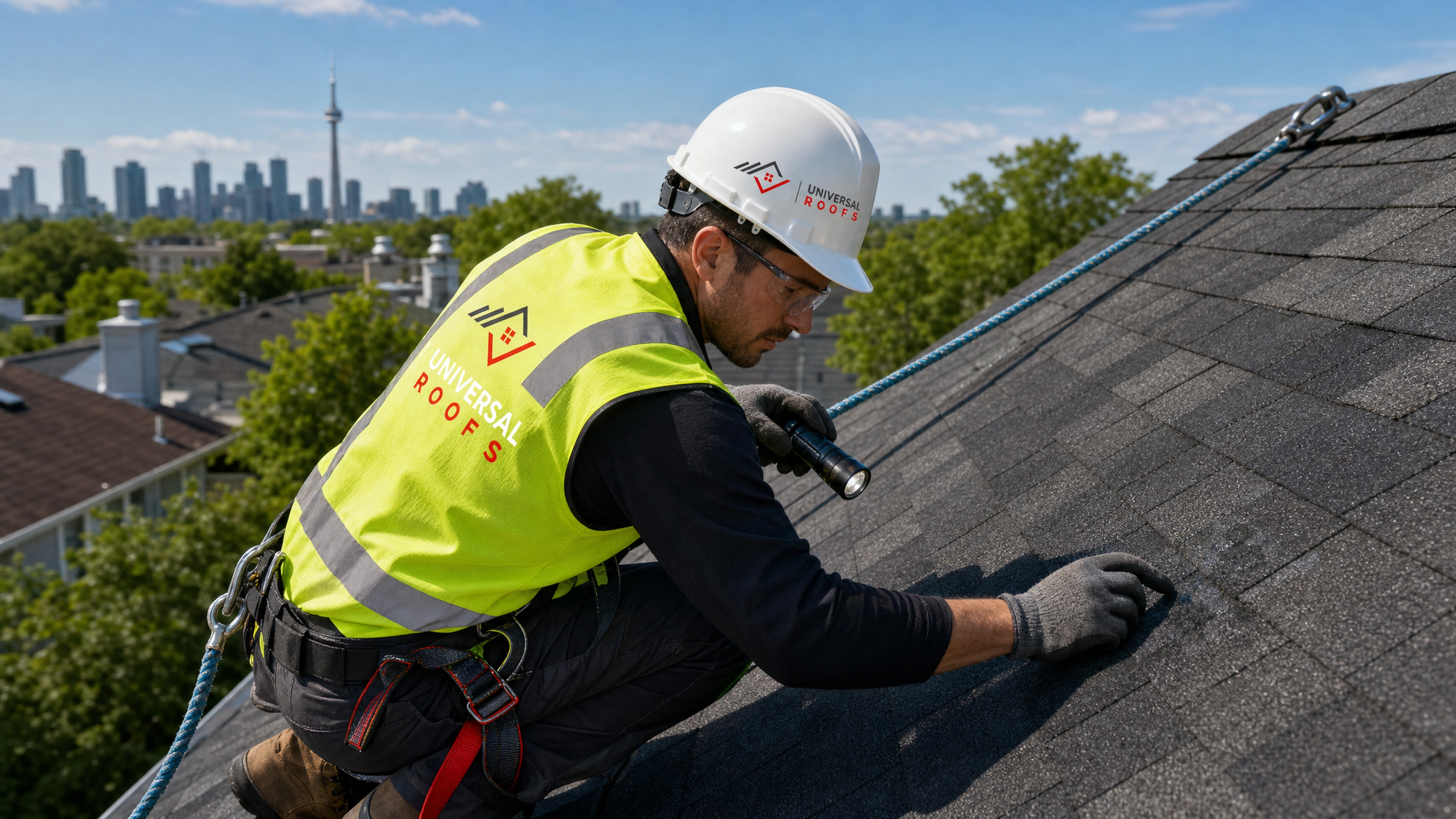Roofer wearing full safety harness inspecting hail-damaged asphalt shingles on a residential roof in Toronto