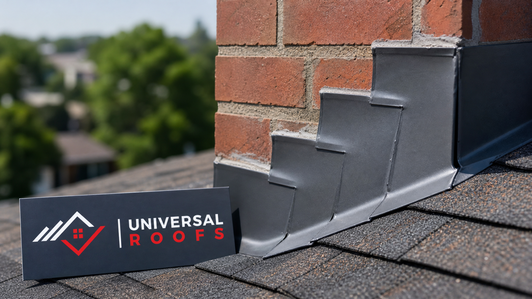 Close-up of properly lapped aluminum step flashing pieces integrated with asphalt shingles along a chimney edge