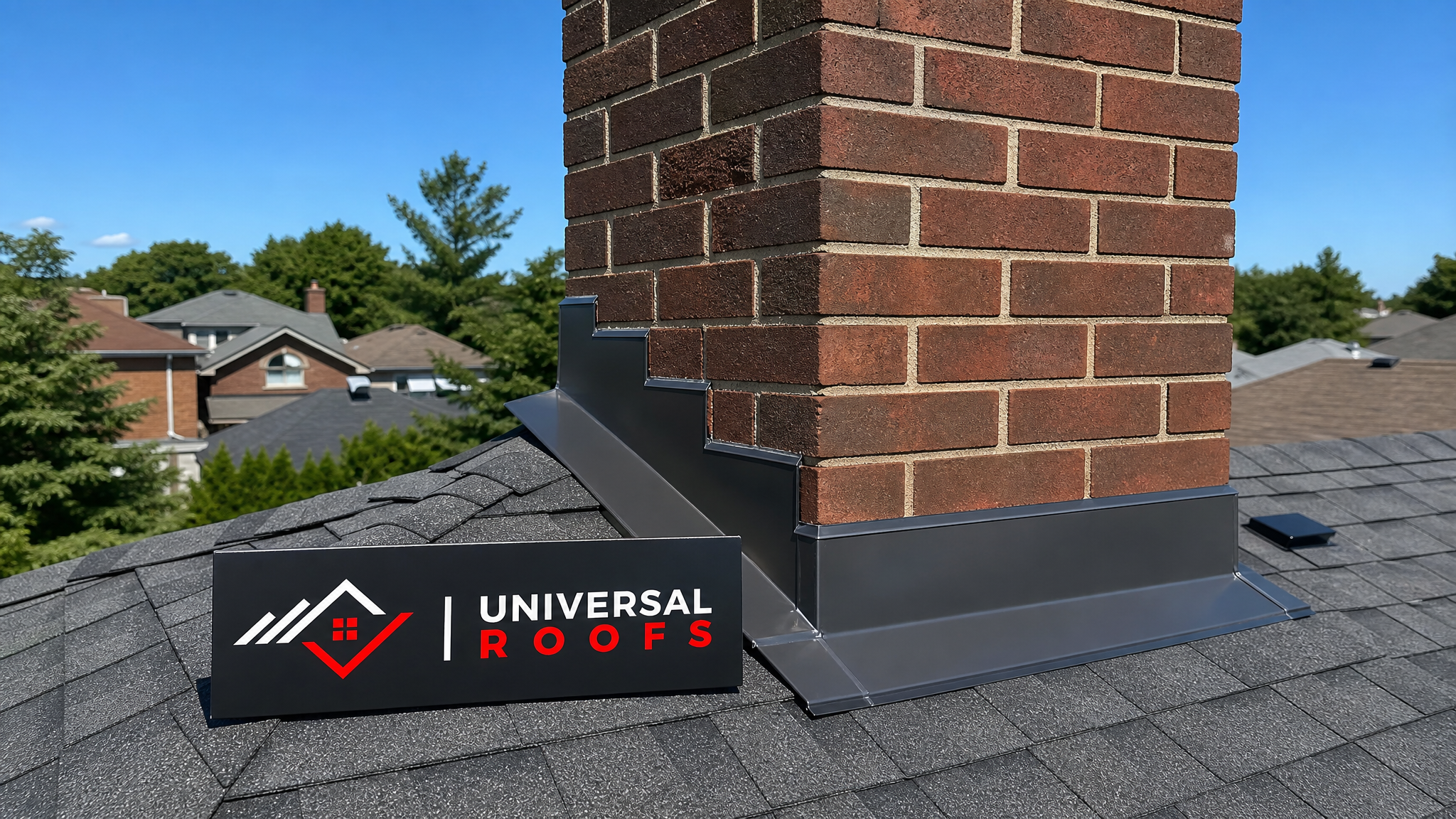 Newly repaired metal flashing along a chimney and roof valley on a Toronto home in summer daylight