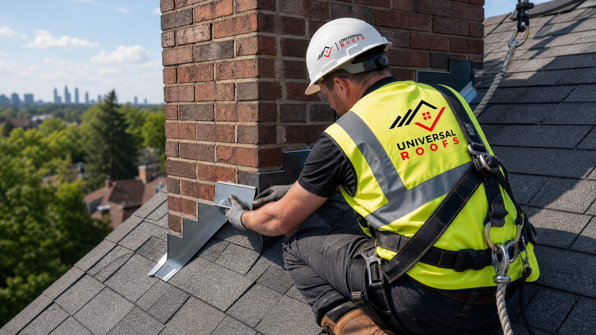 Roofer wearing full safety harness installing new step flashing around a chimney on a residential roof