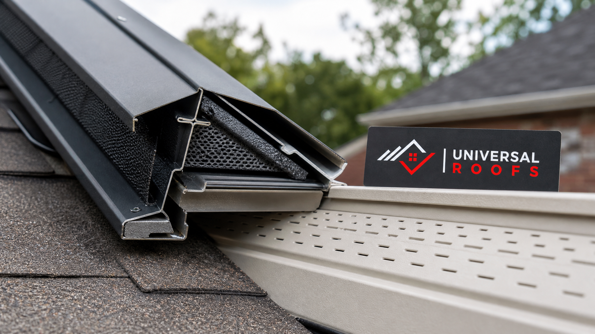 Close-up of a ridge vent baffle and soffit intake vent components used on metal roof ventilation systems
