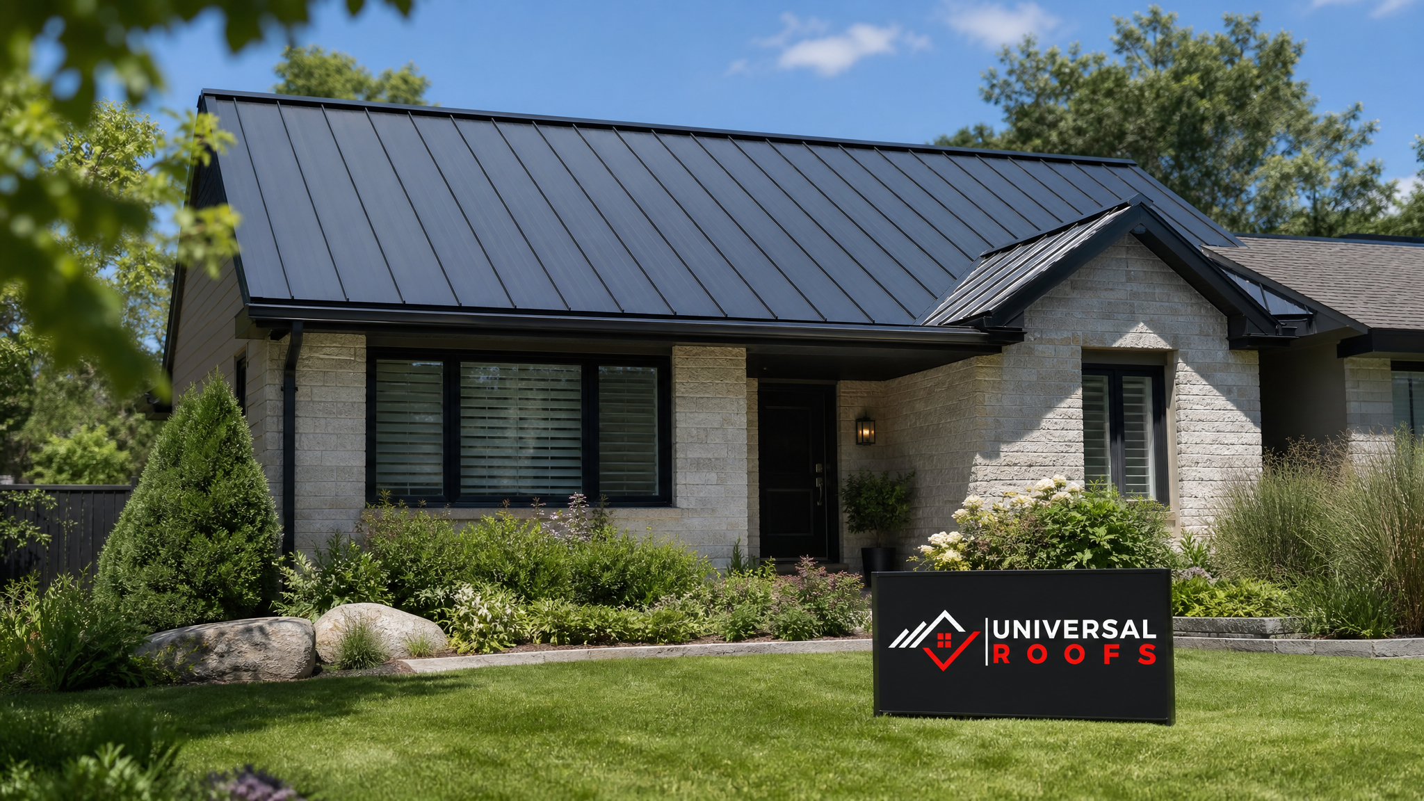 Finished metal roof on a Toronto-area home with a ridge vent running along the peak under a clear summer sky