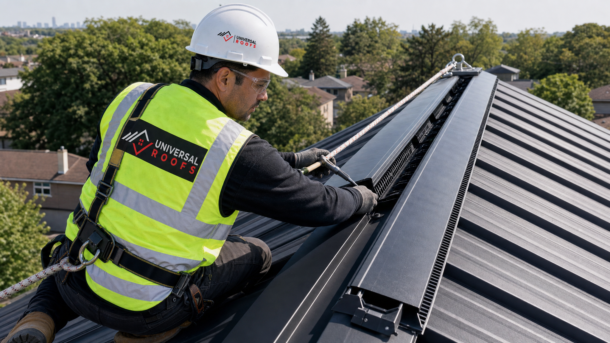 Roofing technician installing a ridge vent on a metal roof while wearing full safety harness and PPE