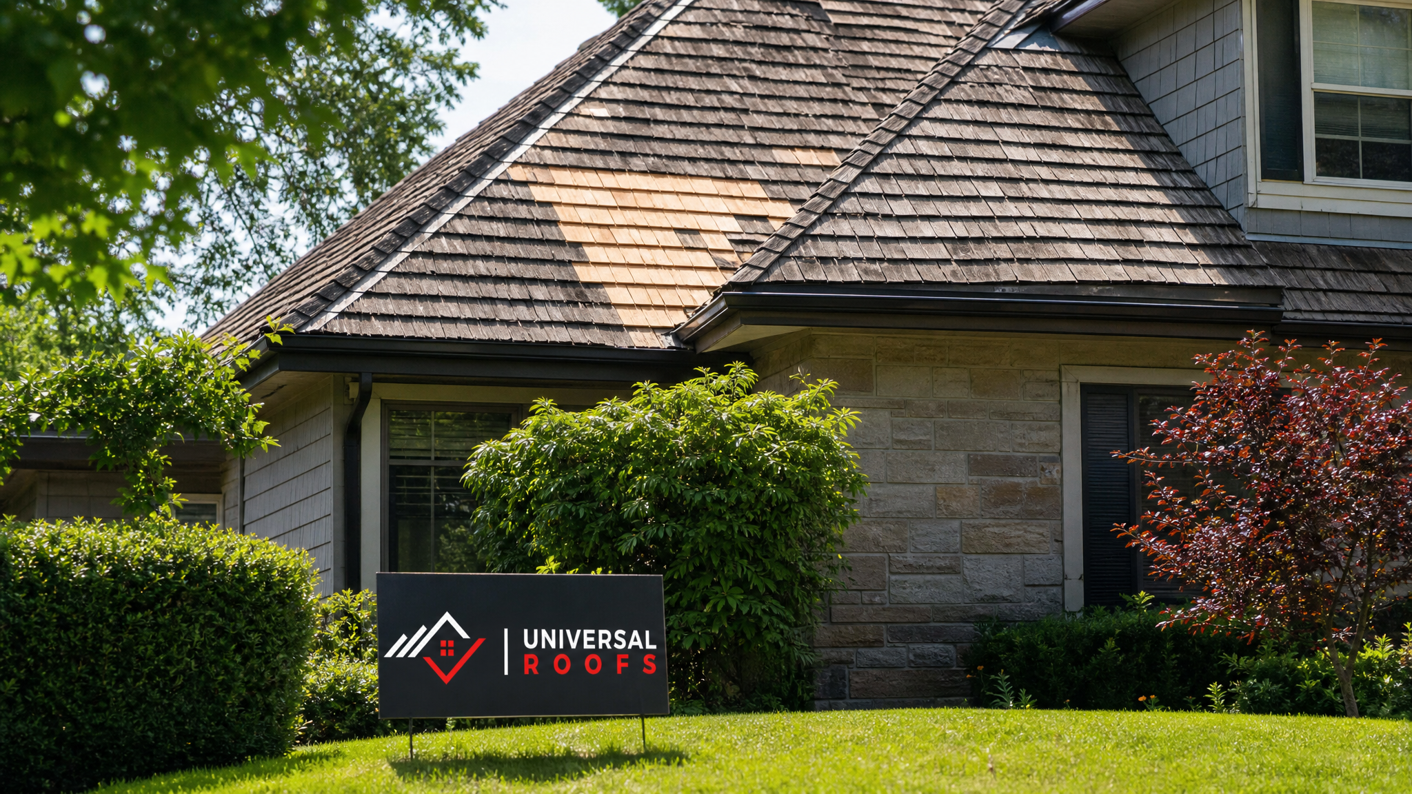 Repaired cedar wood shake roof on a Toronto home in summer daylight with new shakes blended seamlessly into the existing roof surface