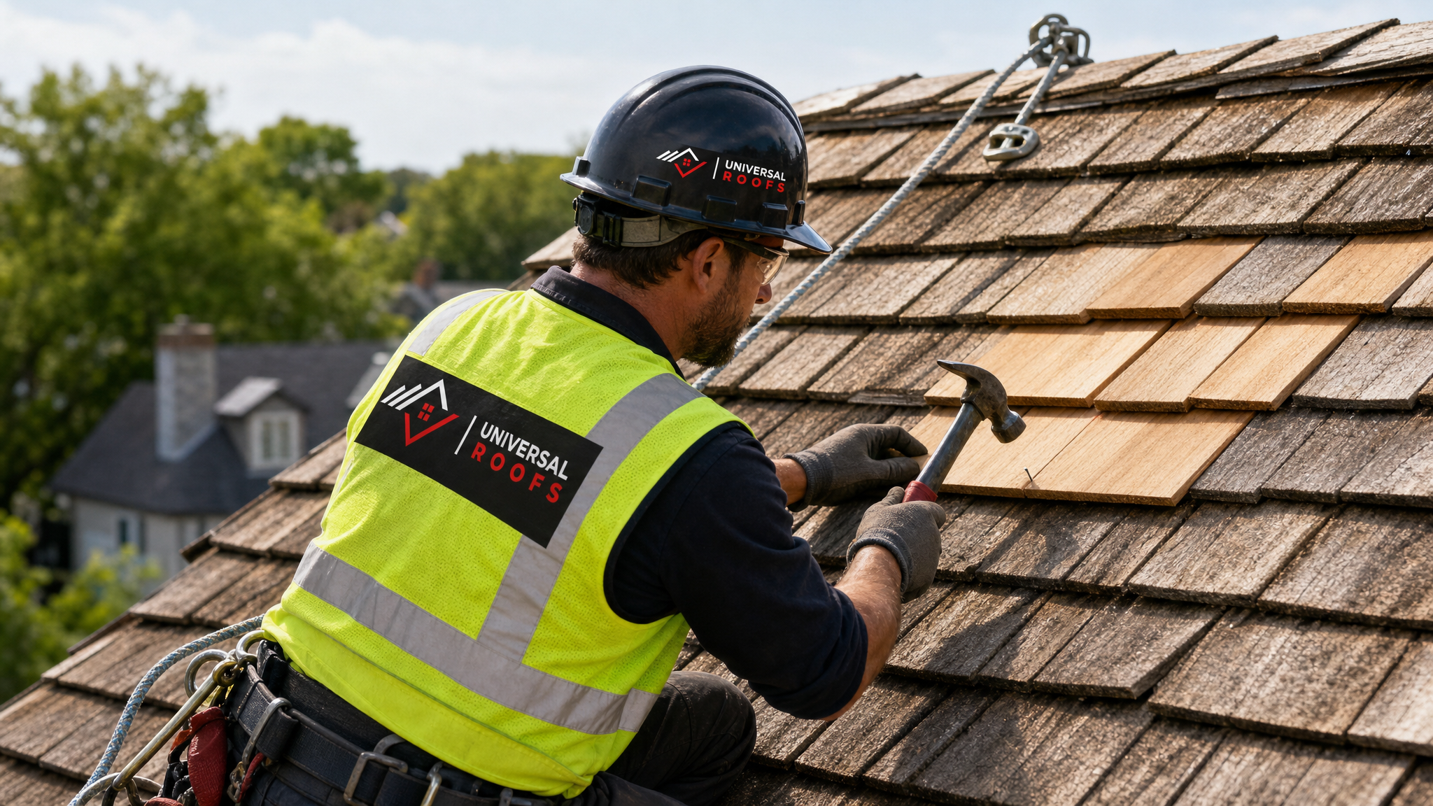 Roofer wearing full safety harness and PPE replacing an individual cedar shake on a sloped roof in Toronto