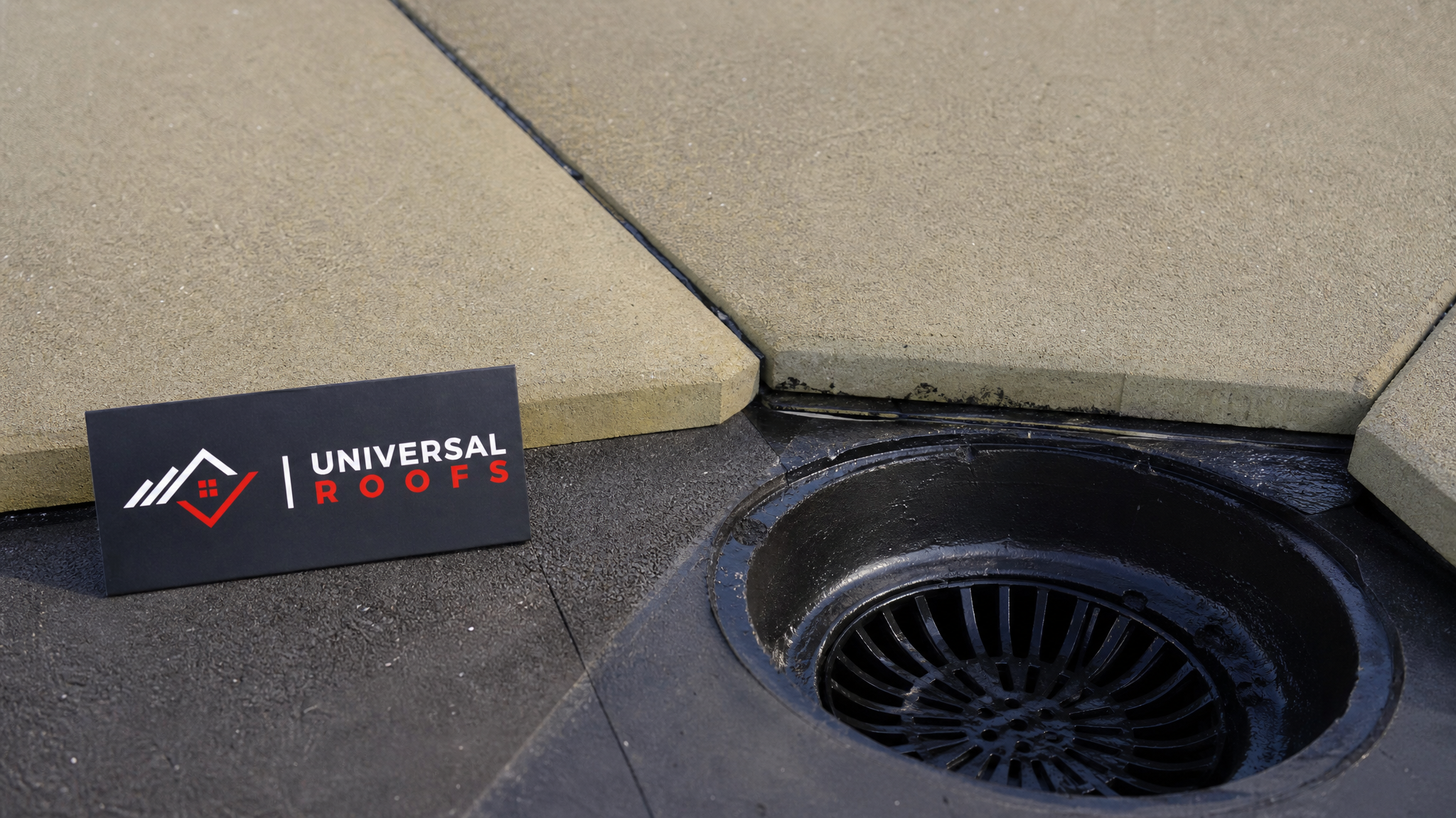 Close-up of tapered insulation seam and roof drain detail on a flat roof membrane, showing correct slope engineered to eliminate ponding water