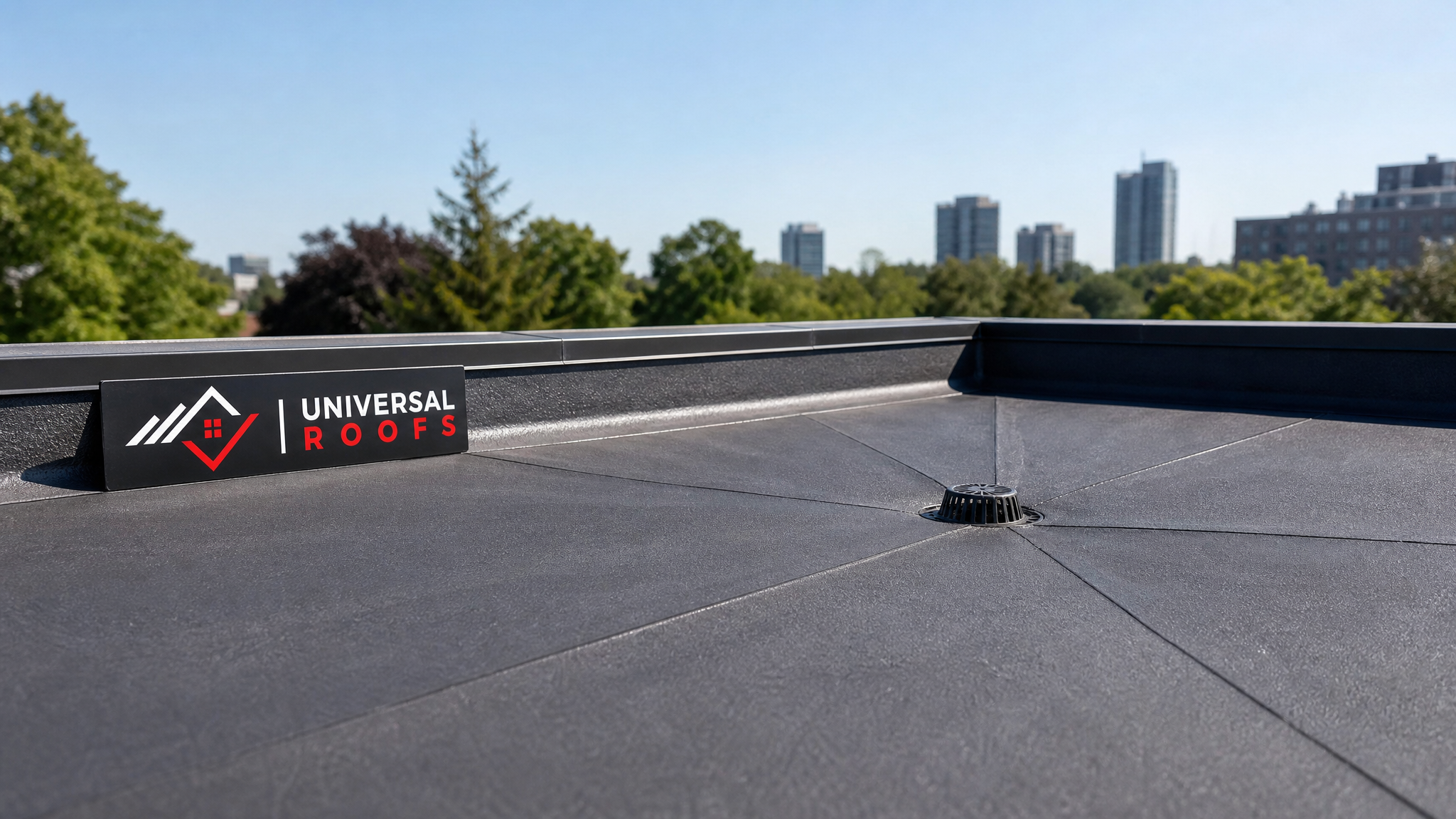 Flat commercial roof in Toronto with clean, dry membrane and properly sloped drainage after ponding water repair, summer daylight