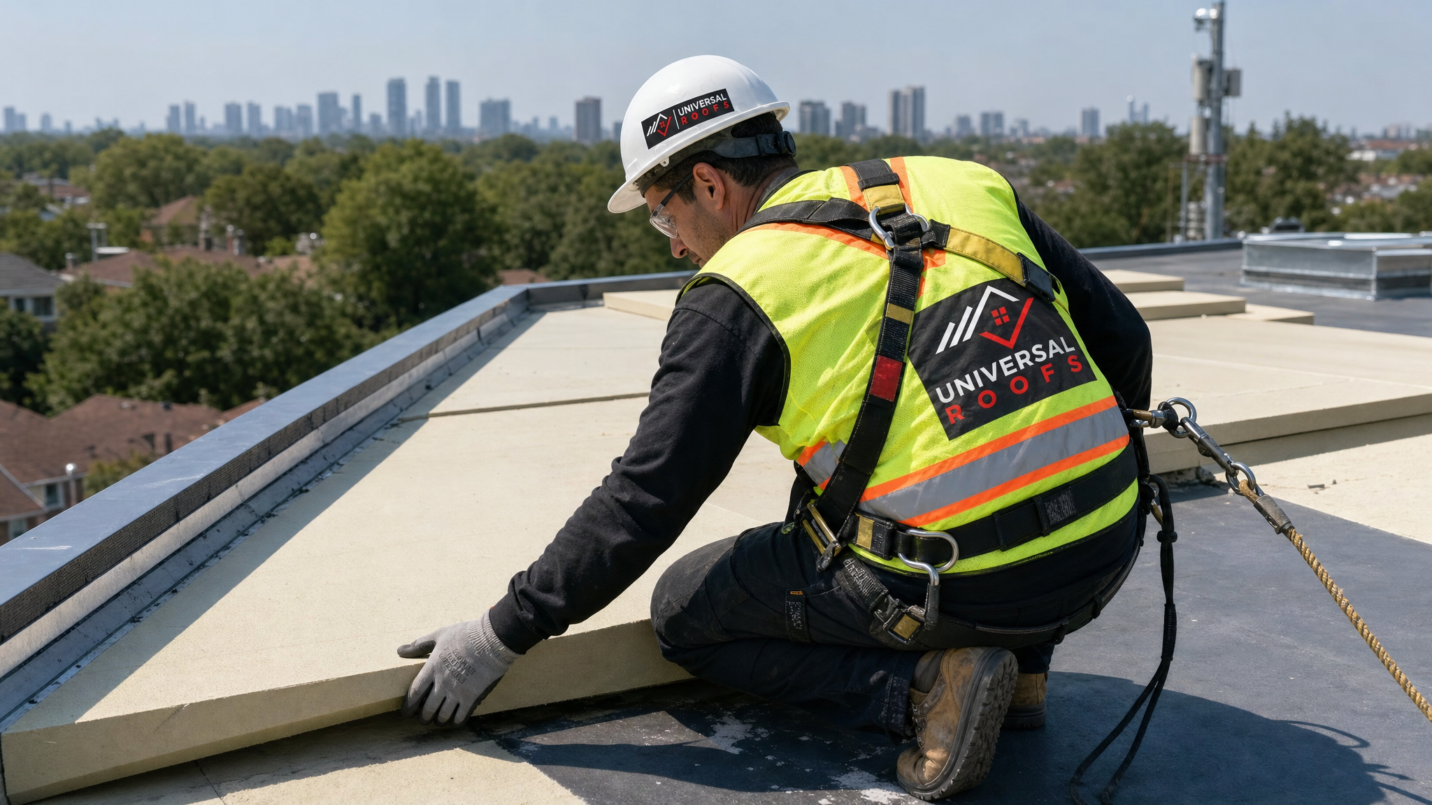 Roofer wearing hard hat, hi-vis vest, safety glasses, gloves, and fall-protection harness installing tapered insulation on a flat roof to correct ponding water drainage in Toronto