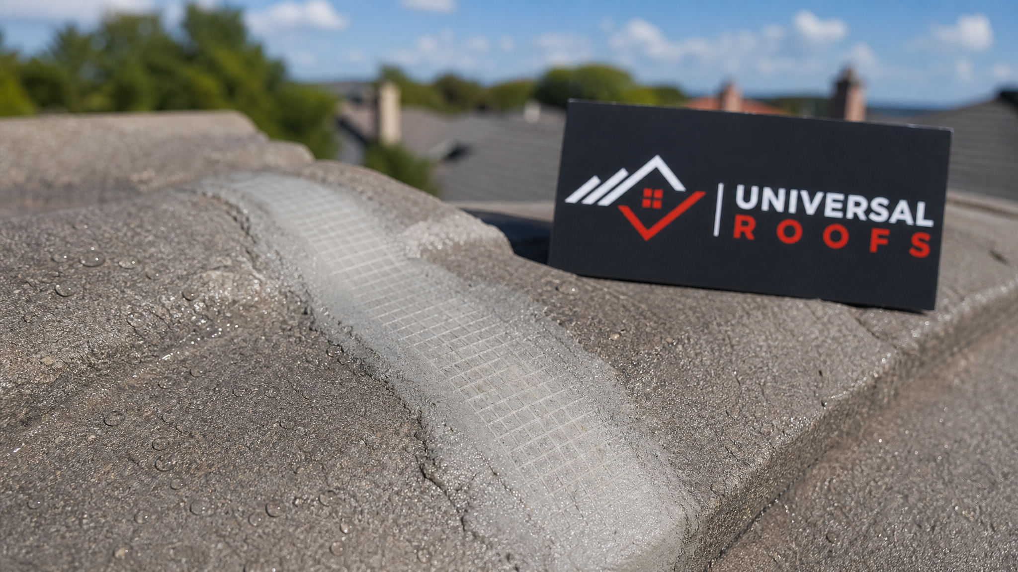 Close-up of a fibreglass mesh and roofing cement repair over a cracked roof tile, smoothed flush with the surrounding profile