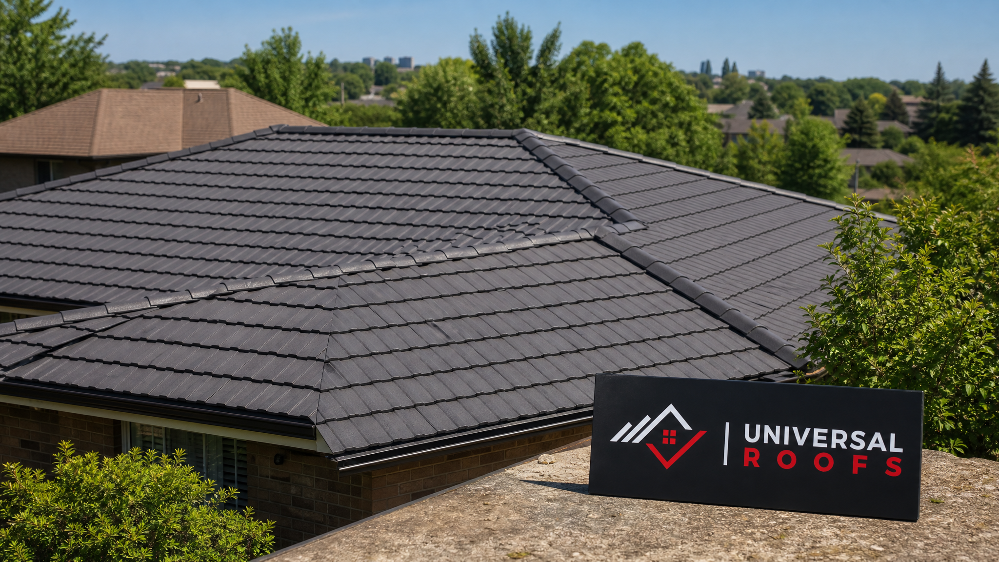 A repaired tile roof on a Toronto home showing seamless, crack-free tiles under bright summer daylight