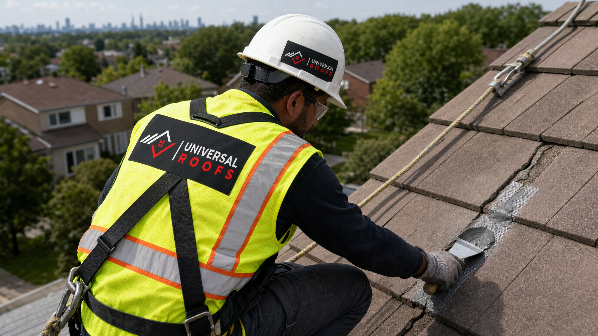 A roofer wearing full safety harness applies roofing cement and mesh tape to a cracked tile on a steep Toronto roof