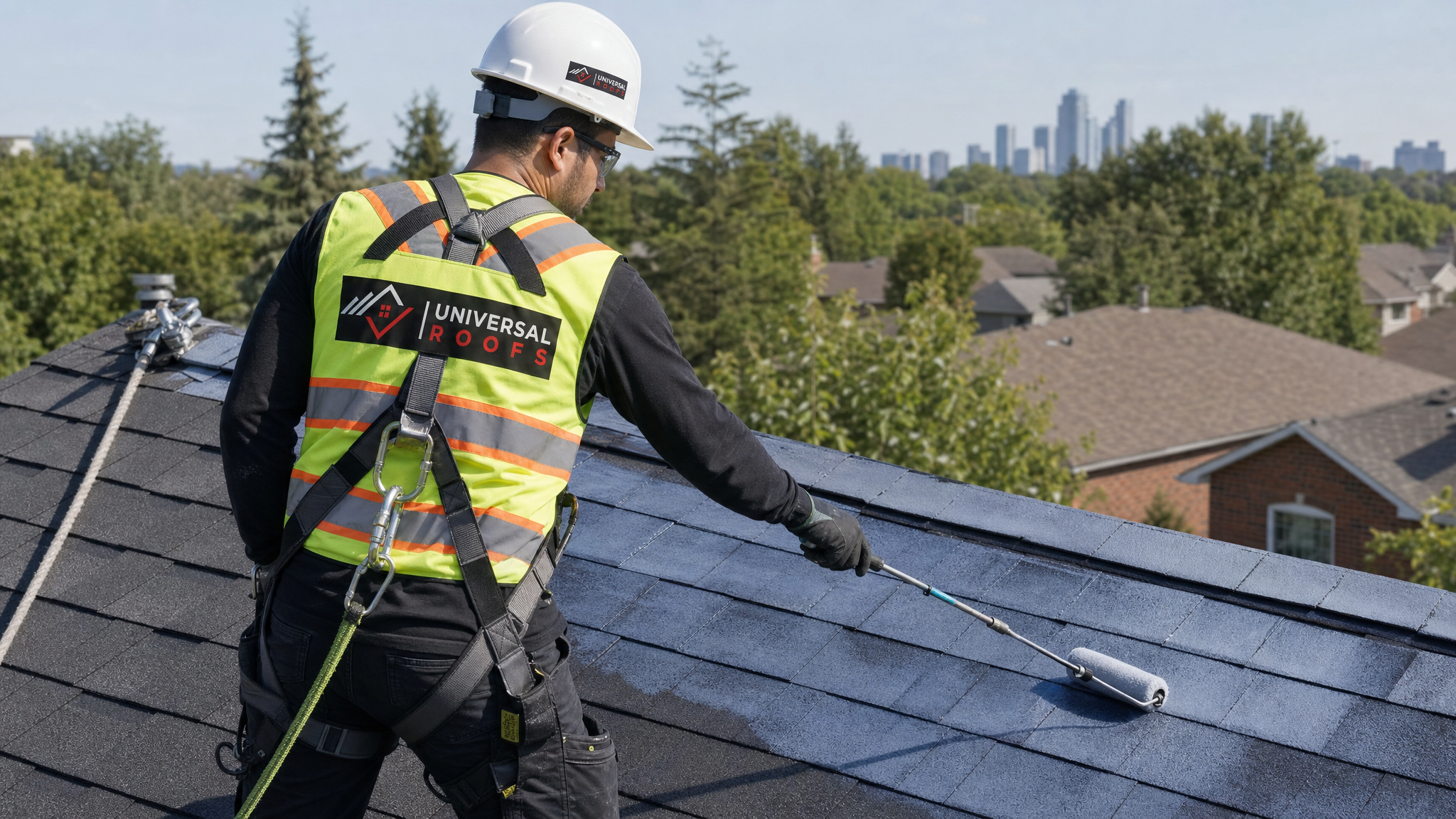 Roofing technician in full safety harness applying anti-microbial coating to a shingle roof in Toronto