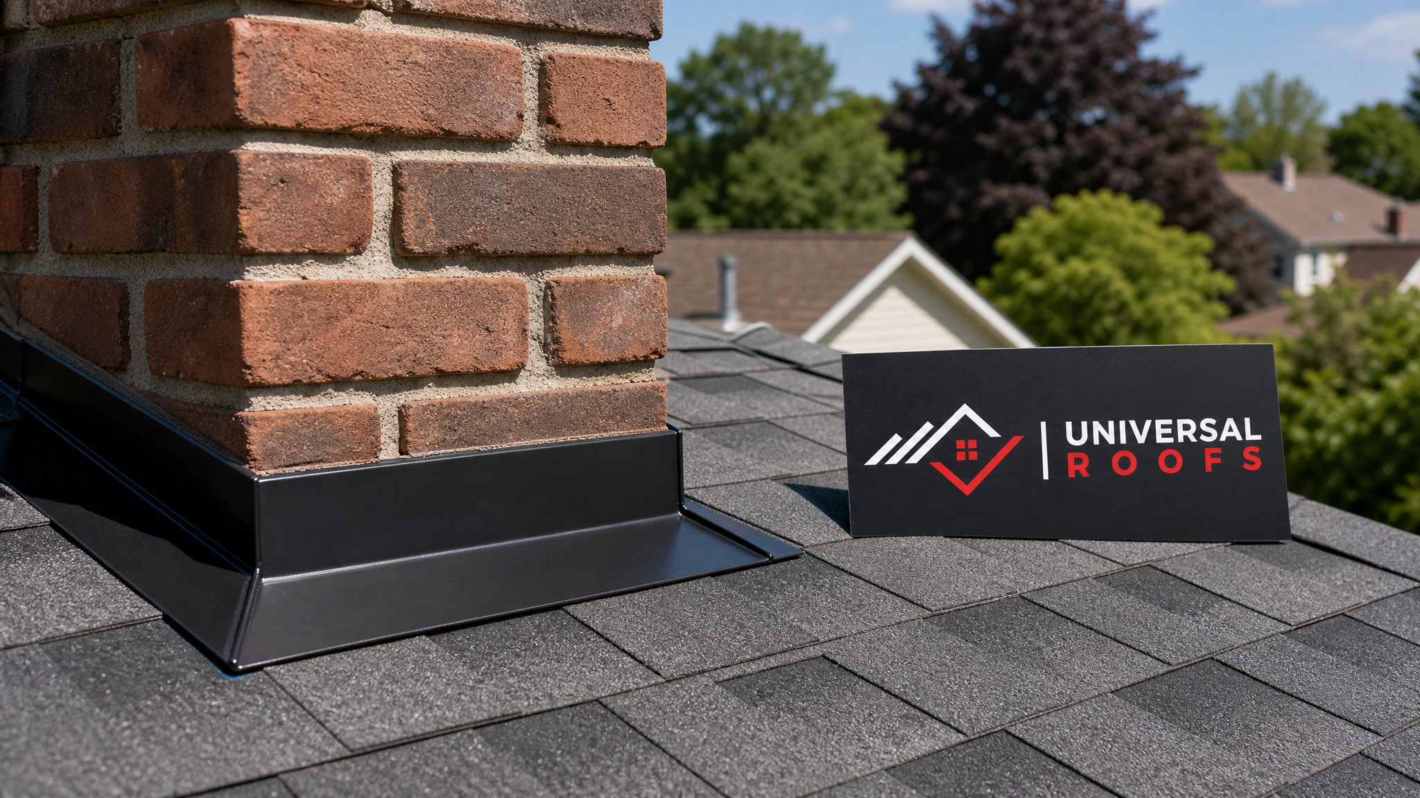 Freshly repaired roof flashing on a Toronto home in summer daylight