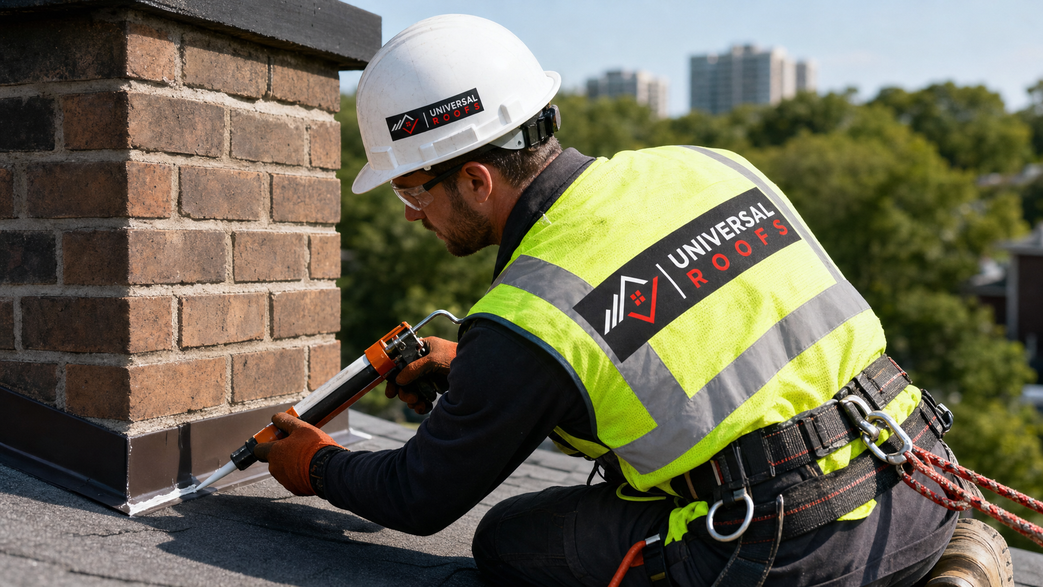 Roofer in full safety gear applying sealant to repair roof flashing