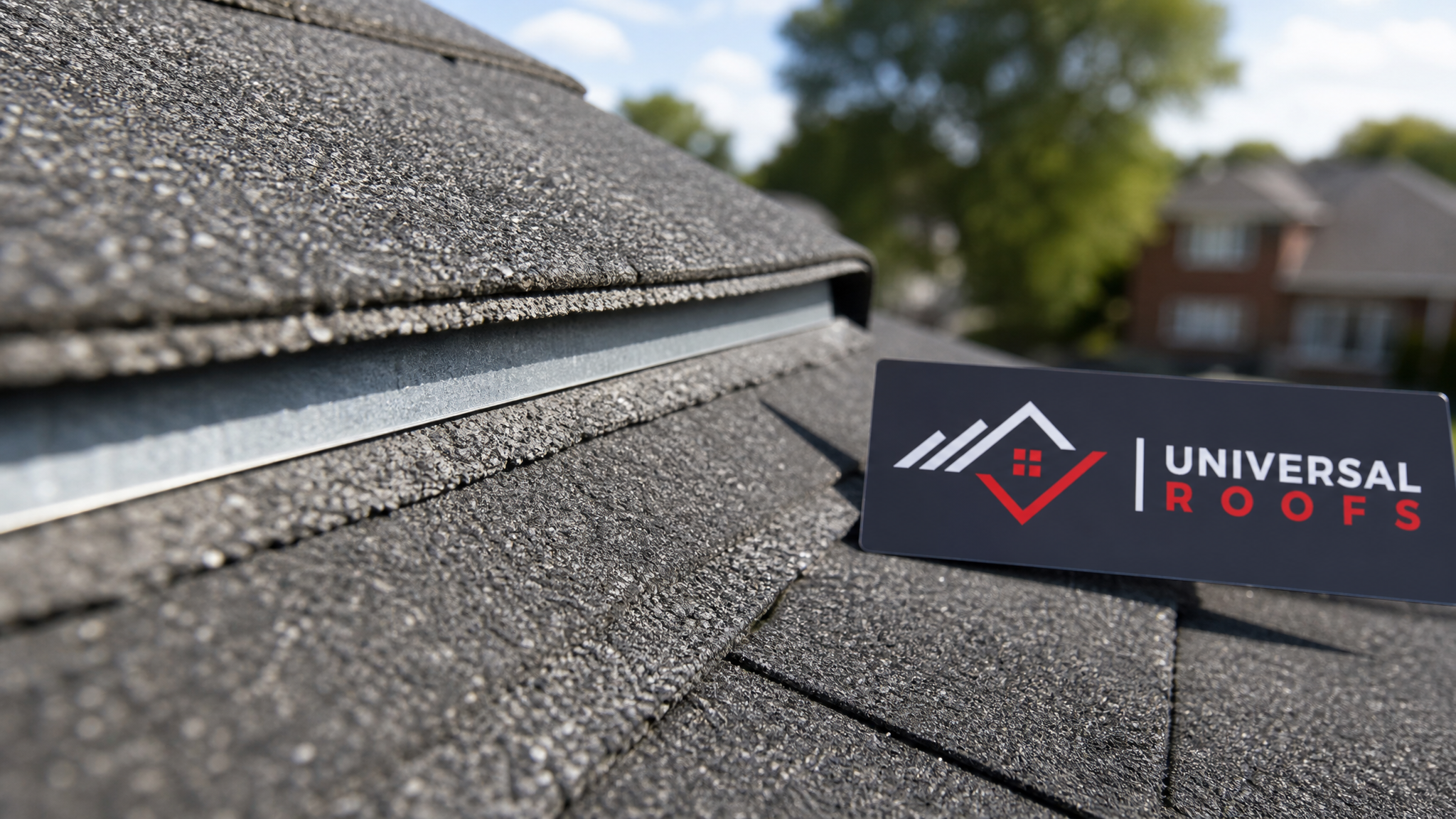 Close-up detail of a zinc control strip installed beneath the ridge cap of an asphalt shingle roof with a branded sign placard visible nearby