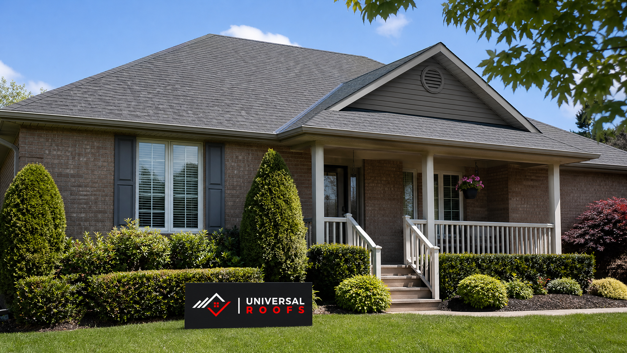 Clean asphalt shingle roof free of algae streaking on a Toronto area home in summer daylight with a branded sign placard resting nearby
