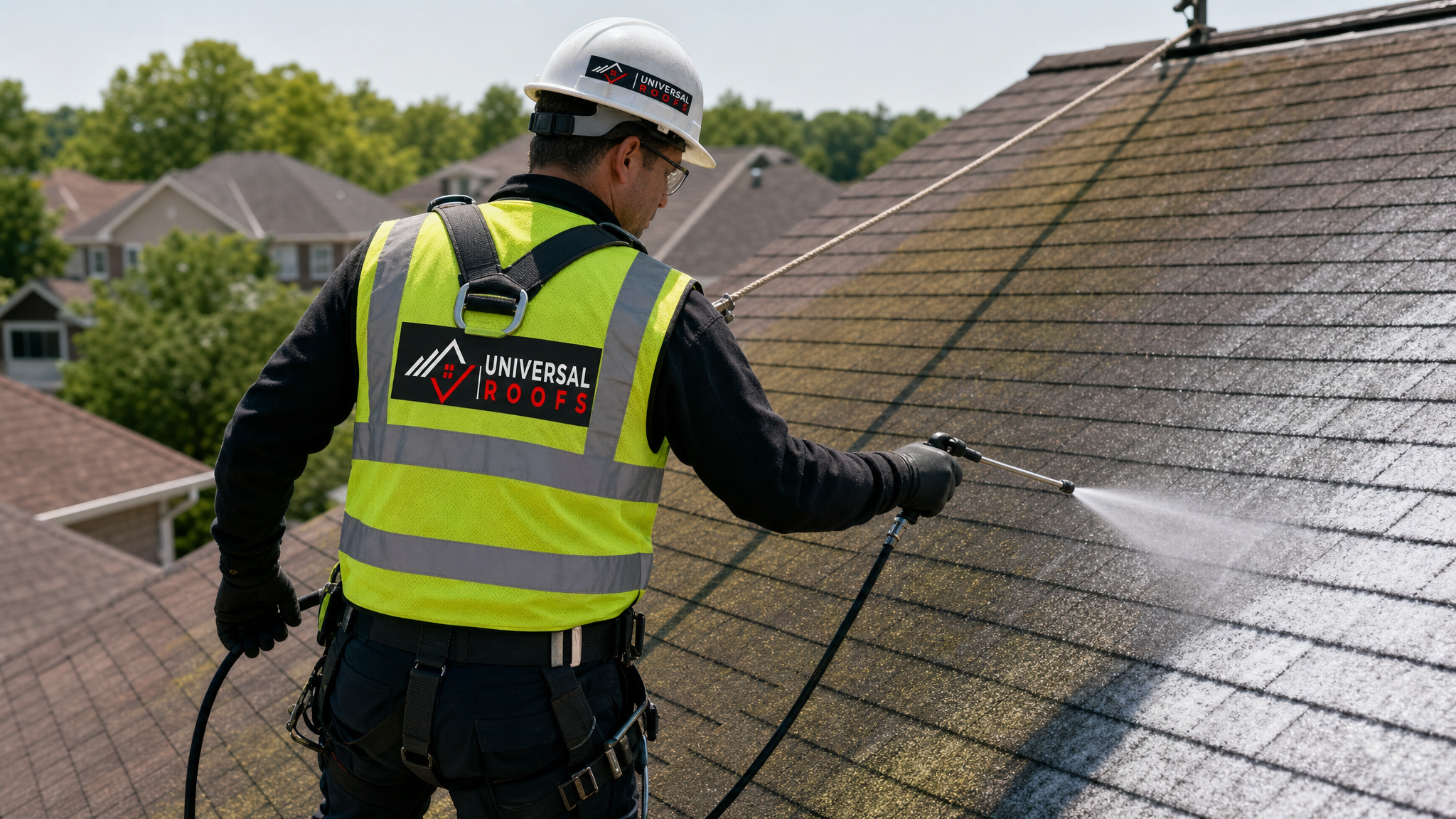 Roofing technician wearing full safety harness performing a low-pressure soft wash treatment on an asphalt shingle roof in Toronto