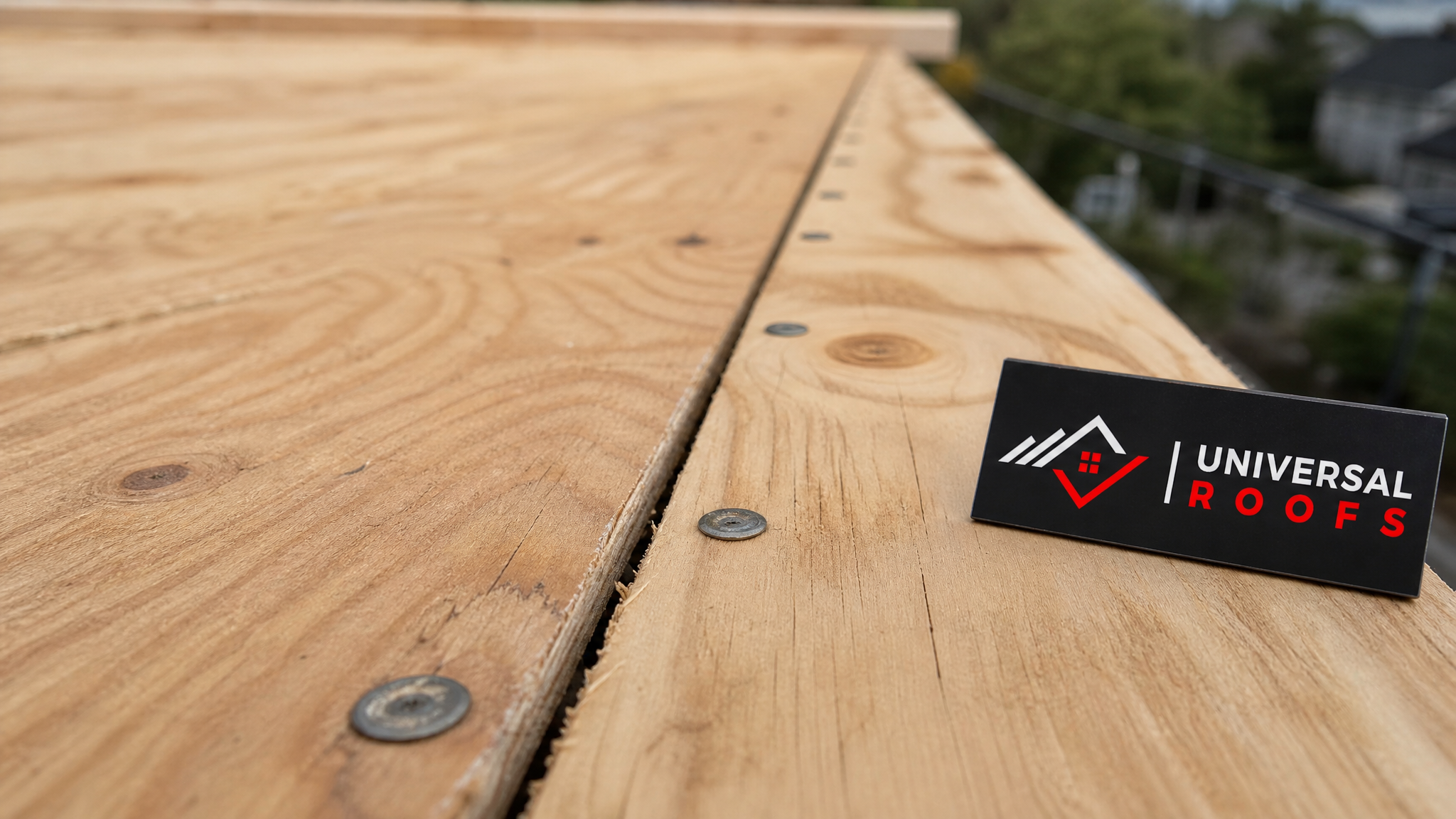 Close-up detail of FSC-certified plywood roof decking panel seams and ring-shank fasteners during repair