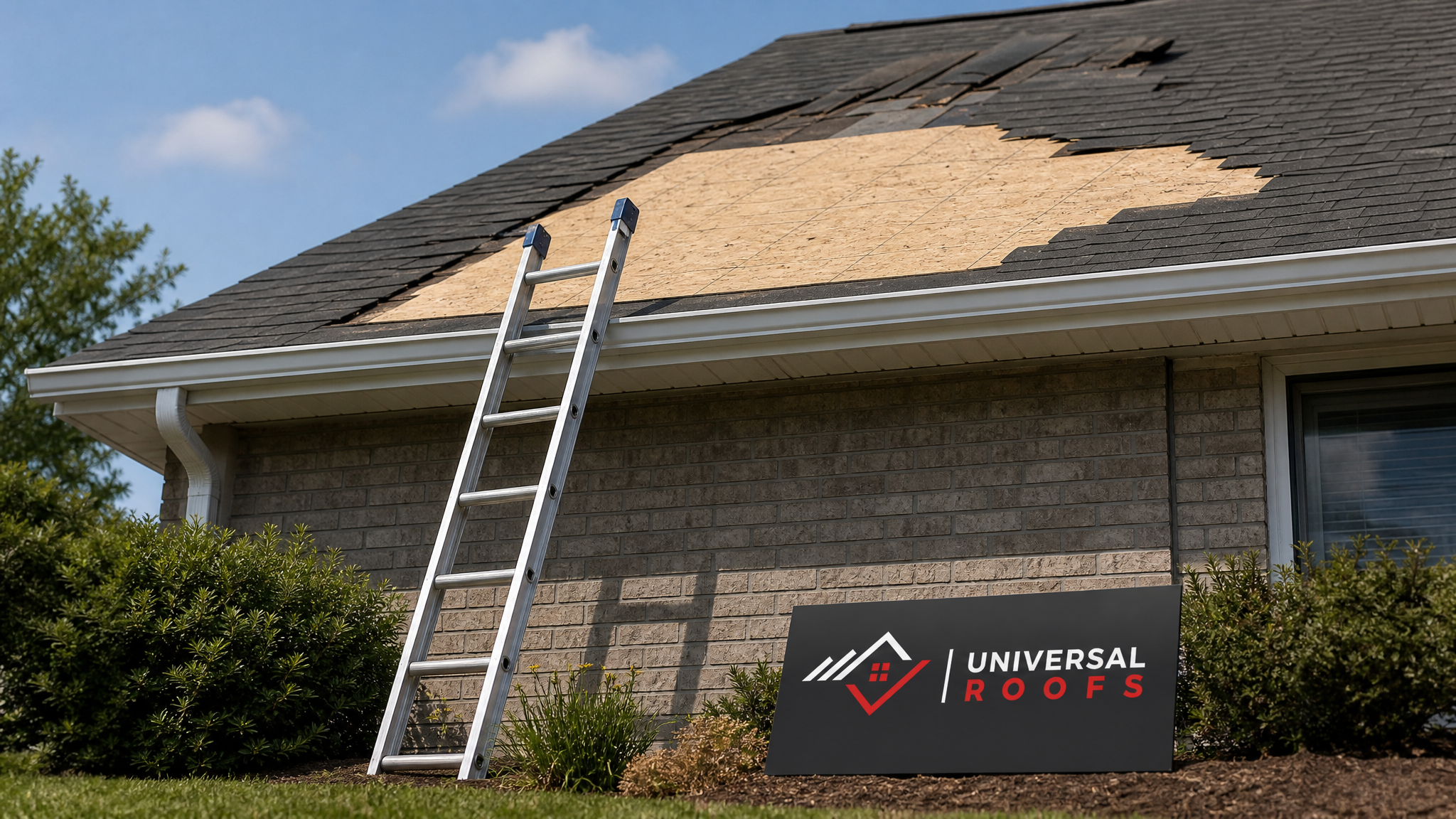 Finished sustainable roof decking repair on a Toronto home with new sheathing installed and a Universal Roofs sign placard nearby