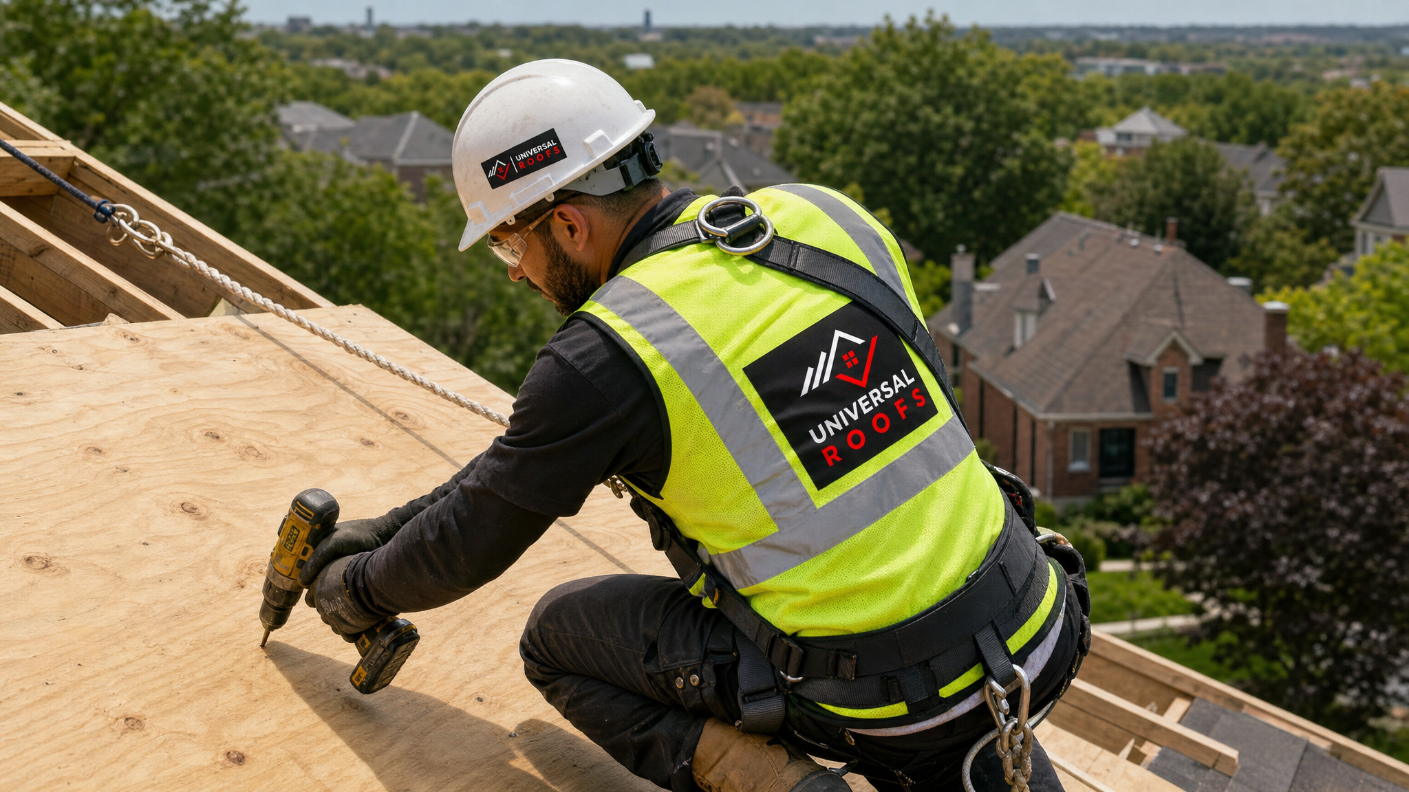 Roofer wearing full safety harness and PPE installing eco-friendly roof decking panels on a Toronto home