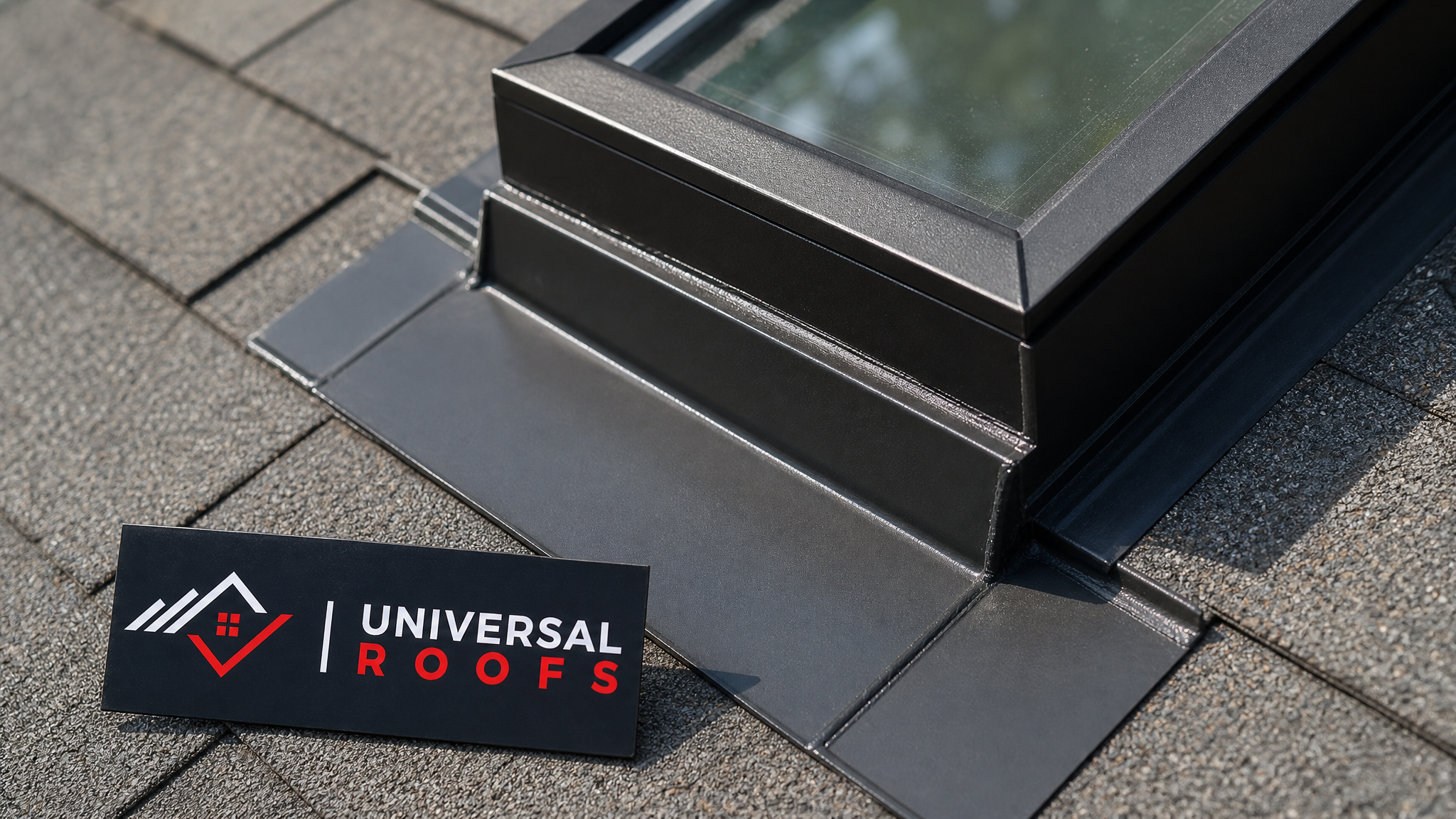 Close-up of a newly resealed skylight flashing joint on a residential roof with a Universal Roofs branded sign placard nearby