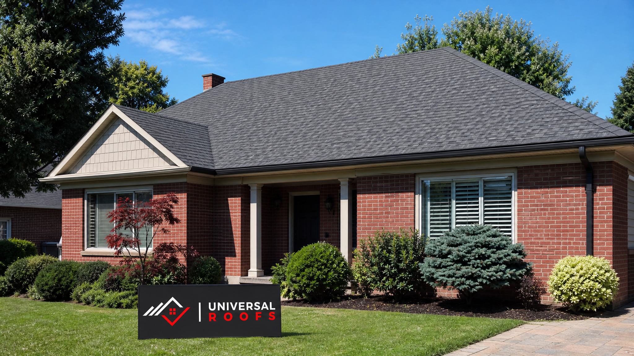 A repaired residential roof in Toronto on a sunny summer day with a Universal Roofs branded sign placard resting nearby