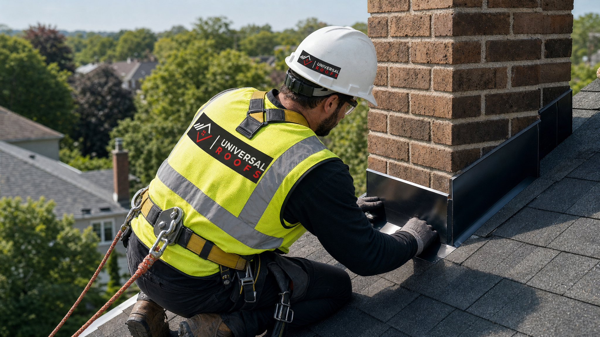 A roofer in full safety harness, hard hat, and hi-vis vest installing emergency flashing repair on a residential roof slope