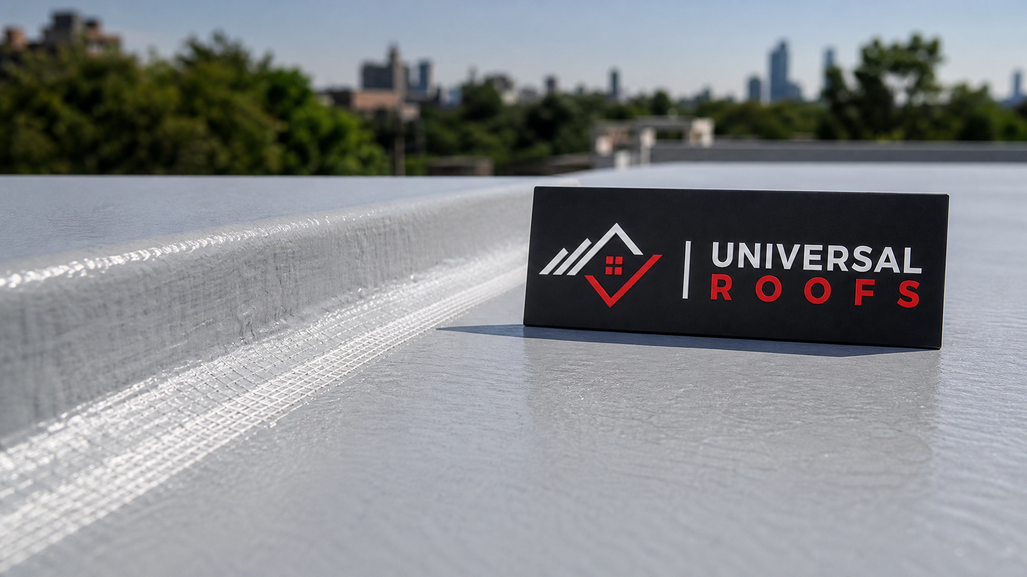 Close-up of cured silicone insulating roof coating texture on a seam detail with a small Universal Roofs branded placard beside it
