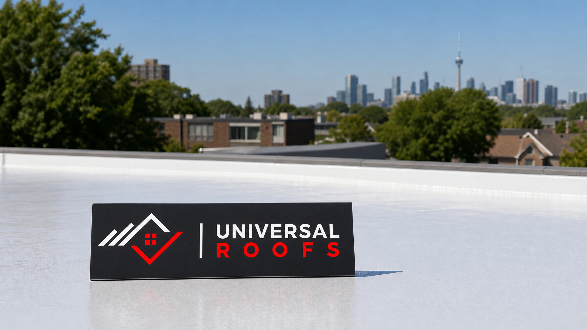 Freshly coated white reflective flat roof on a Toronto home in summer daylight with a Universal Roofs sign placard resting nearby