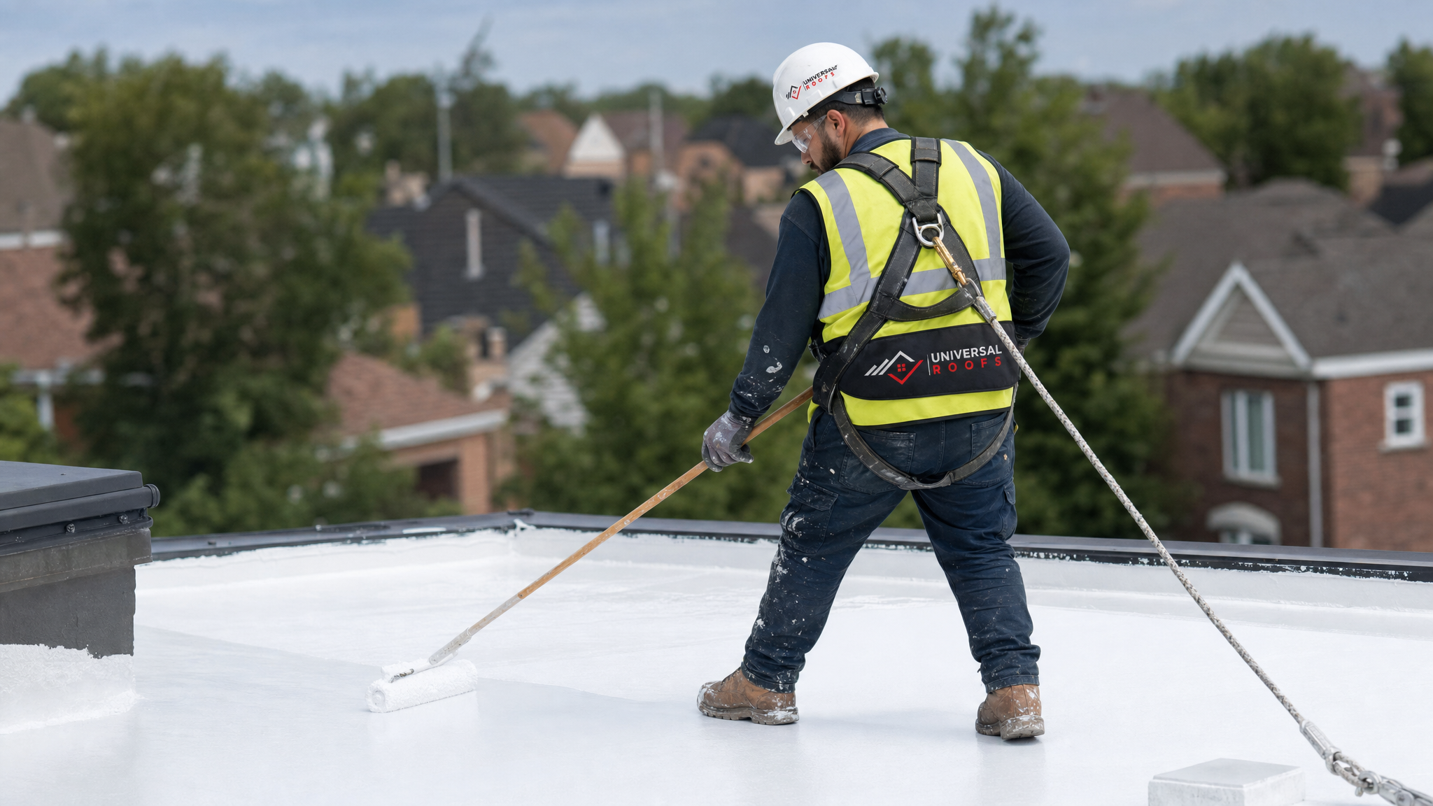 Roofing technician in full safety harness applying silicone insulating roof coating with a roller on a Toronto flat roof