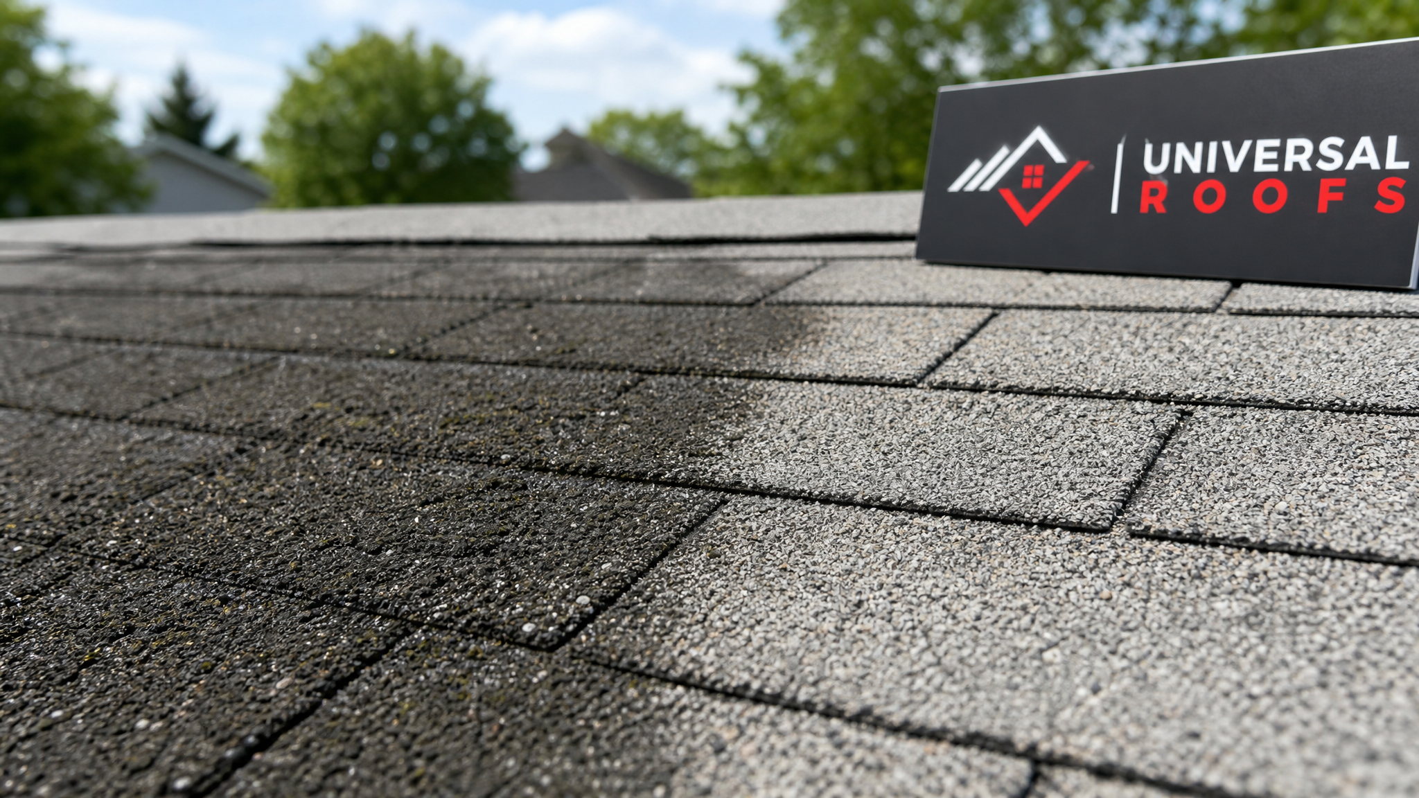 Close-up of asphalt shingle granules and algae staining on a roof surface in Toronto, showing the texture difference between clean and stained sections