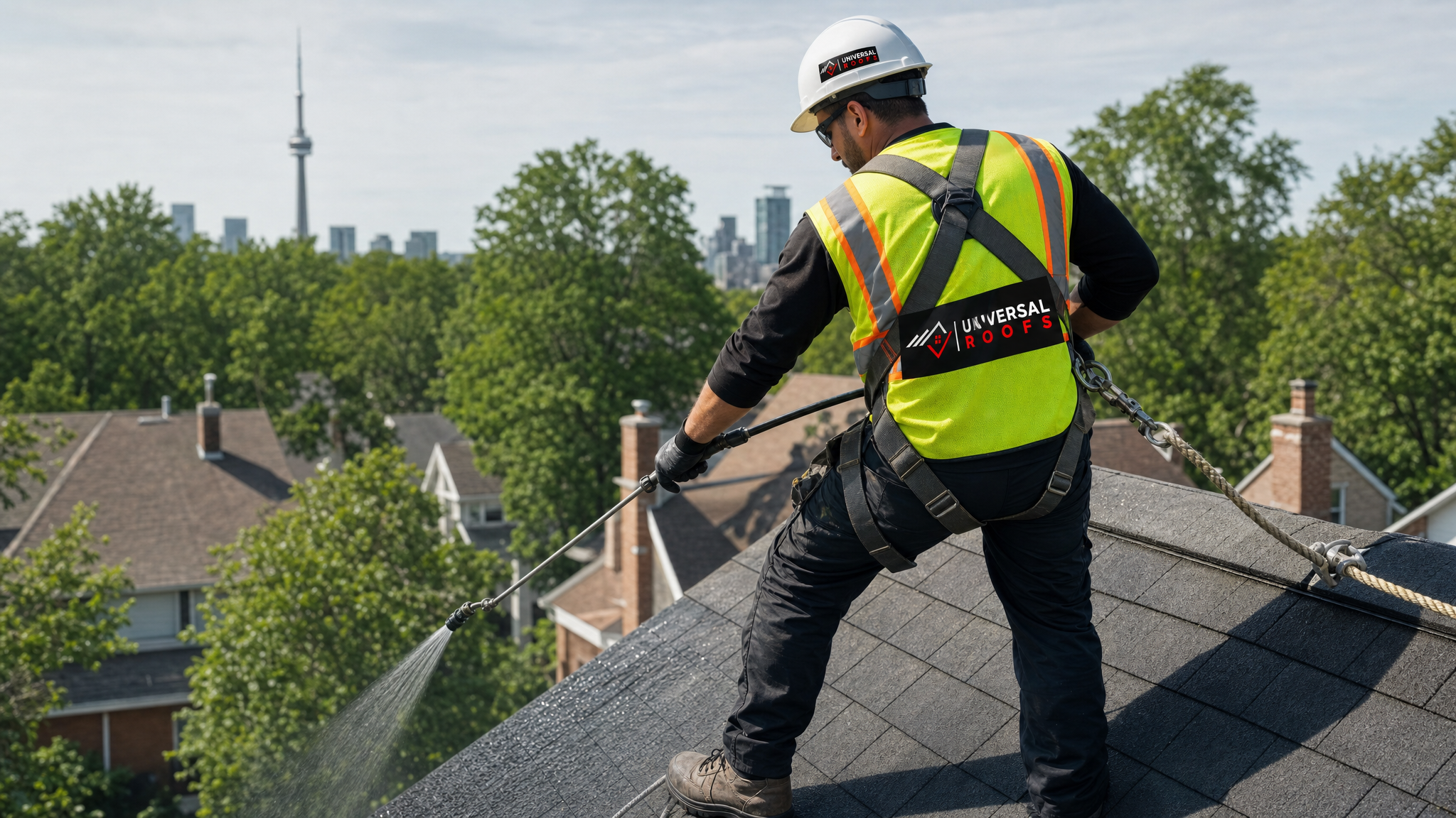 A roofing technician wearing full safety gear and a fall-protection harness soft washing an asphalt shingle roof in a Toronto suburb