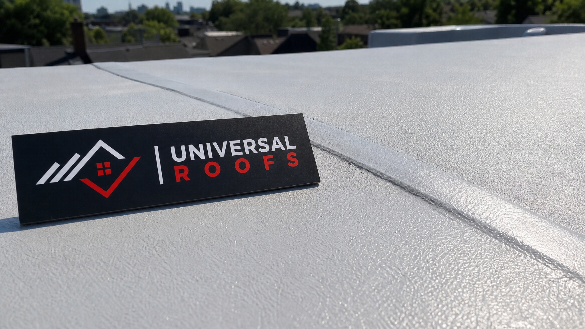 Close-up detail of a cured low VOC silicone roof coating surface showing smooth reflective texture and sealed seam
