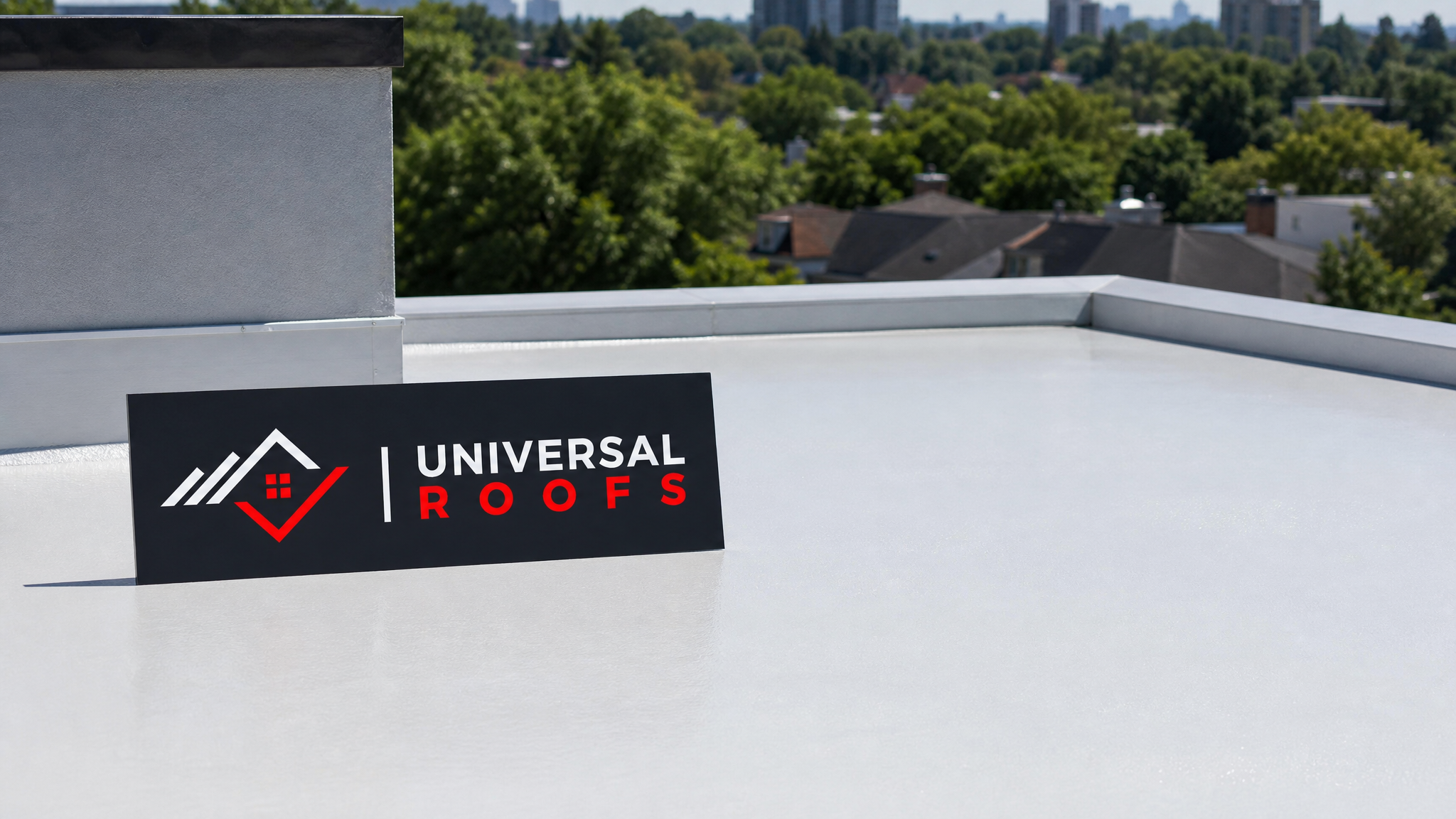 Freshly coated flat commercial roof in bright summer daylight showing a smooth reflective low VOC roof coating finish