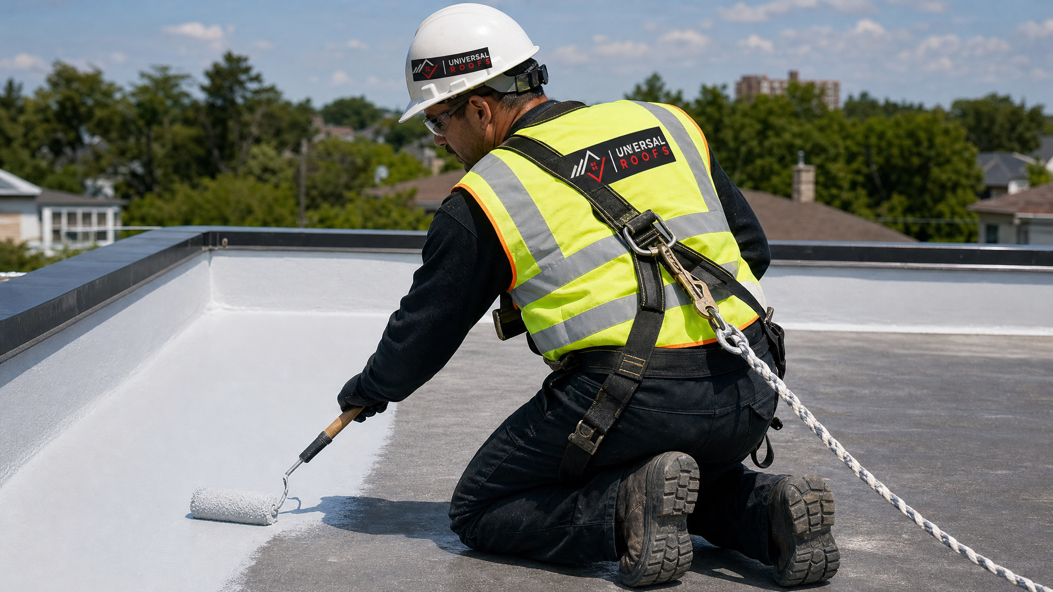 Roofing technician wearing full safety harness applying low VOC silicone roof coating with a roller on a flat commercial roof