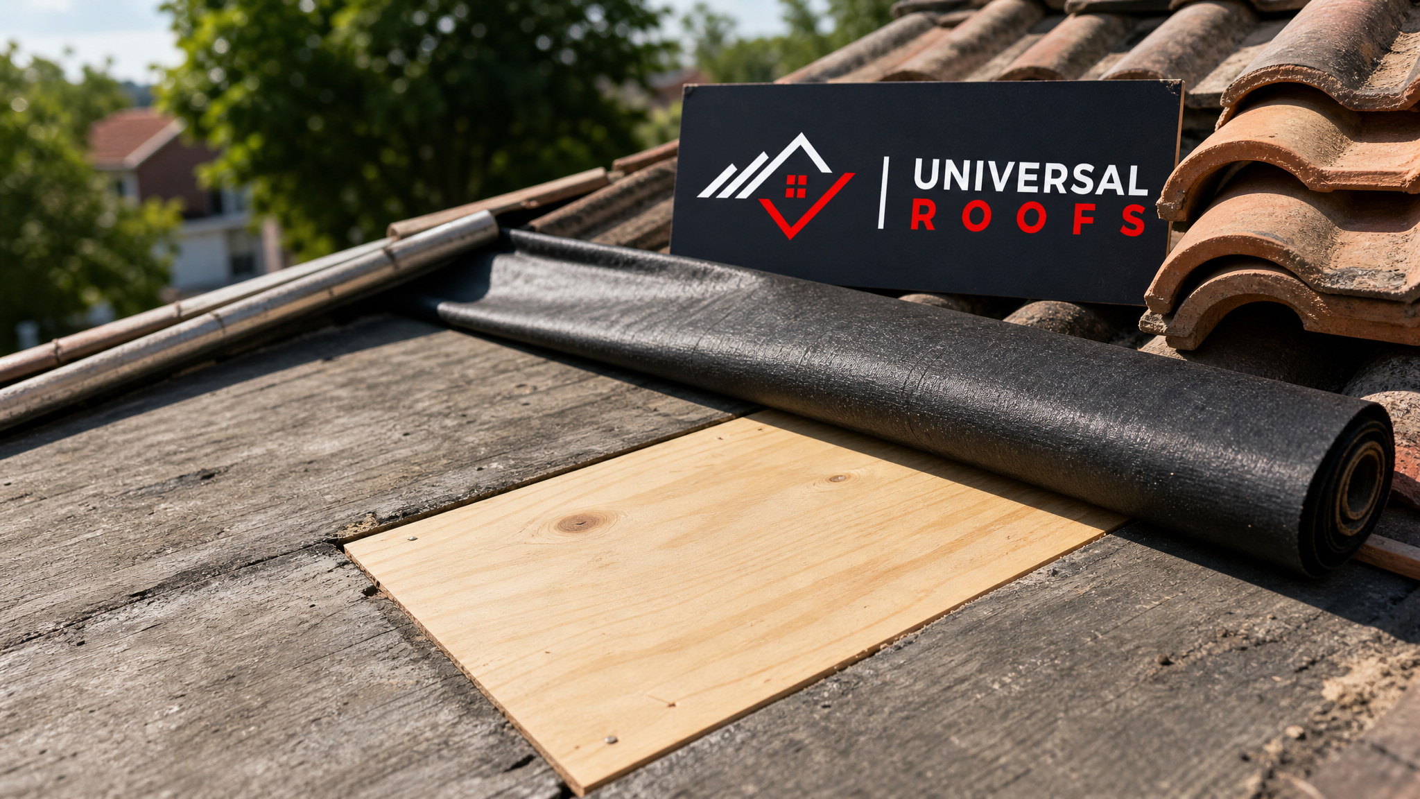 Close-up detail of a replaced section of roof decking and new underlayment beneath tile roofing during a rot repair