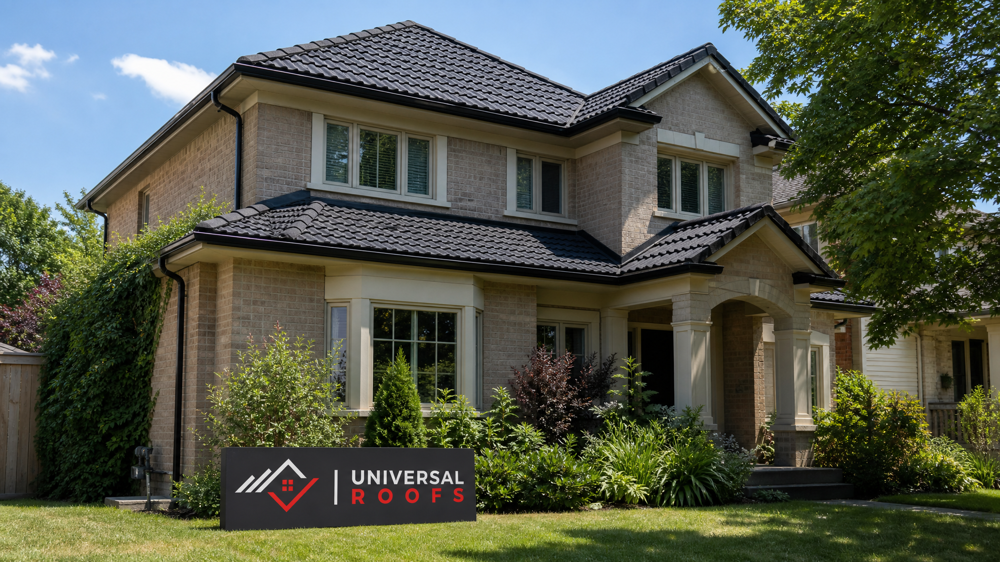 Restored tile roof on a Toronto area home after underlying deck rot repair, shown in summer daylight with a Universal Roofs sign placard nearby