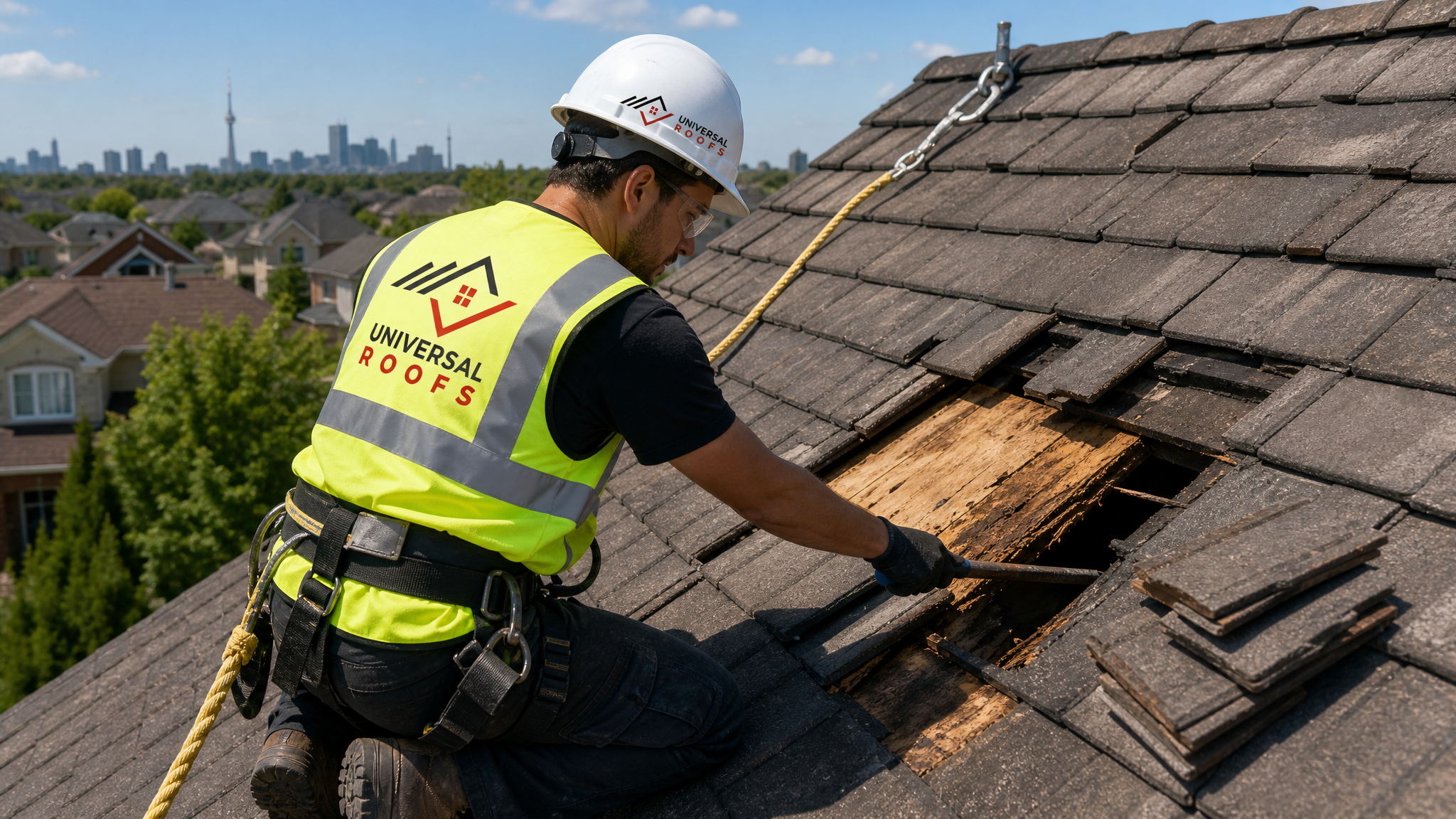 Roofing technician wearing full safety harness lifting a section of tile to expose and repair a rotted section of roof deck