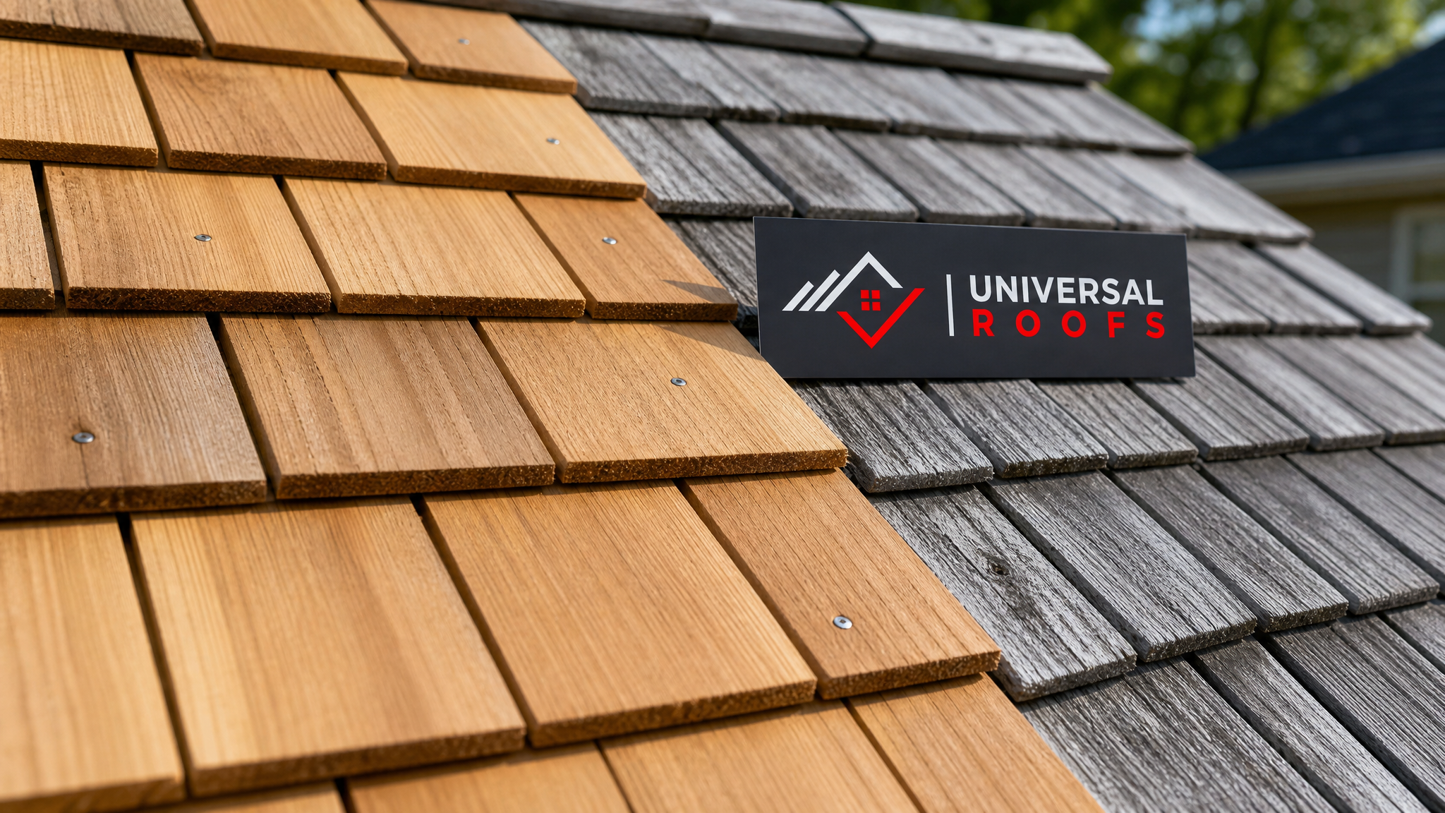 Close-up detail of new cedar shake courses installed alongside weathered existing shakes with a branded sign placard nearby